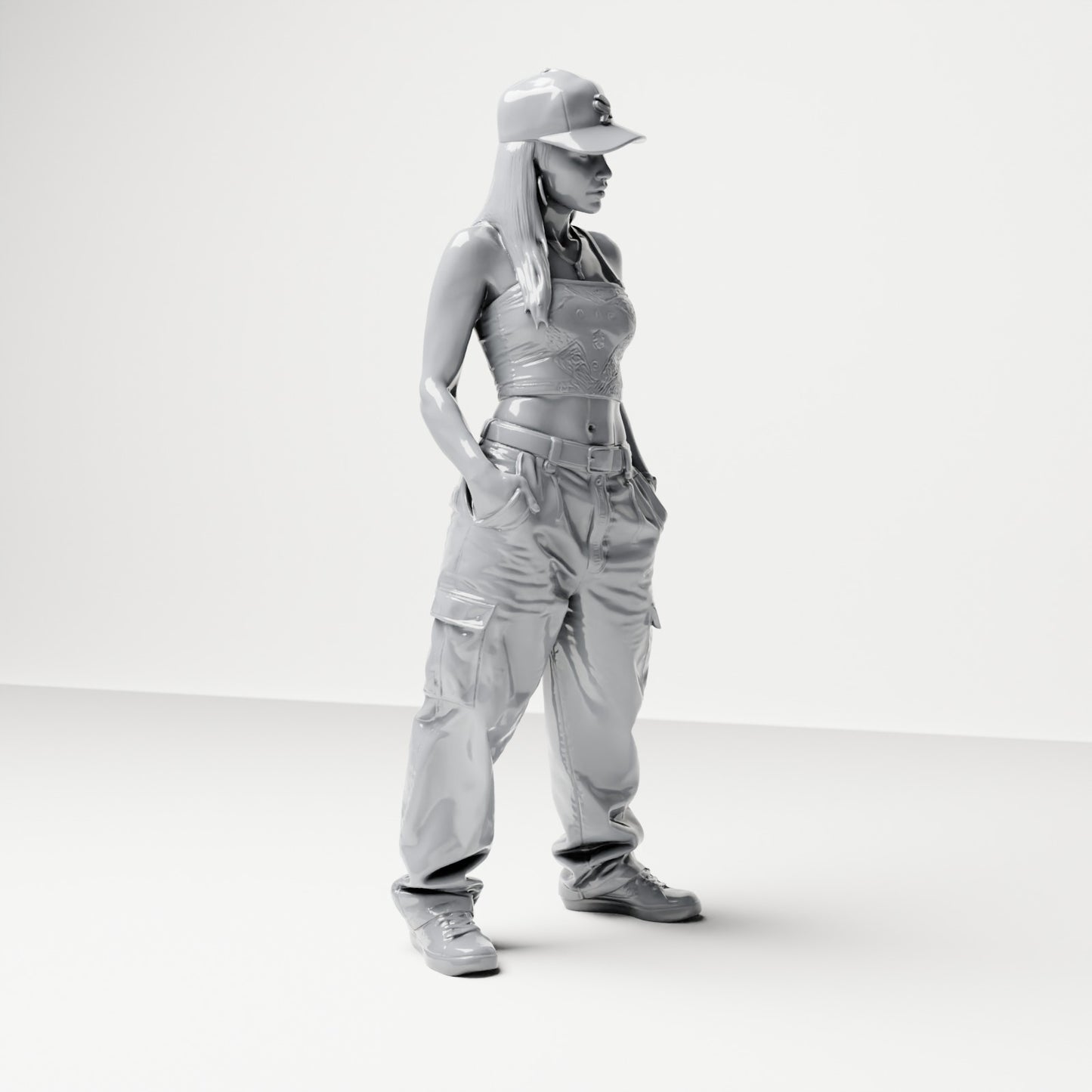 Diorama modélisme photo produit 3 : Figurine debout : Femme avec casquette, top court et pantalon cargo, mains dans les poches (B031)