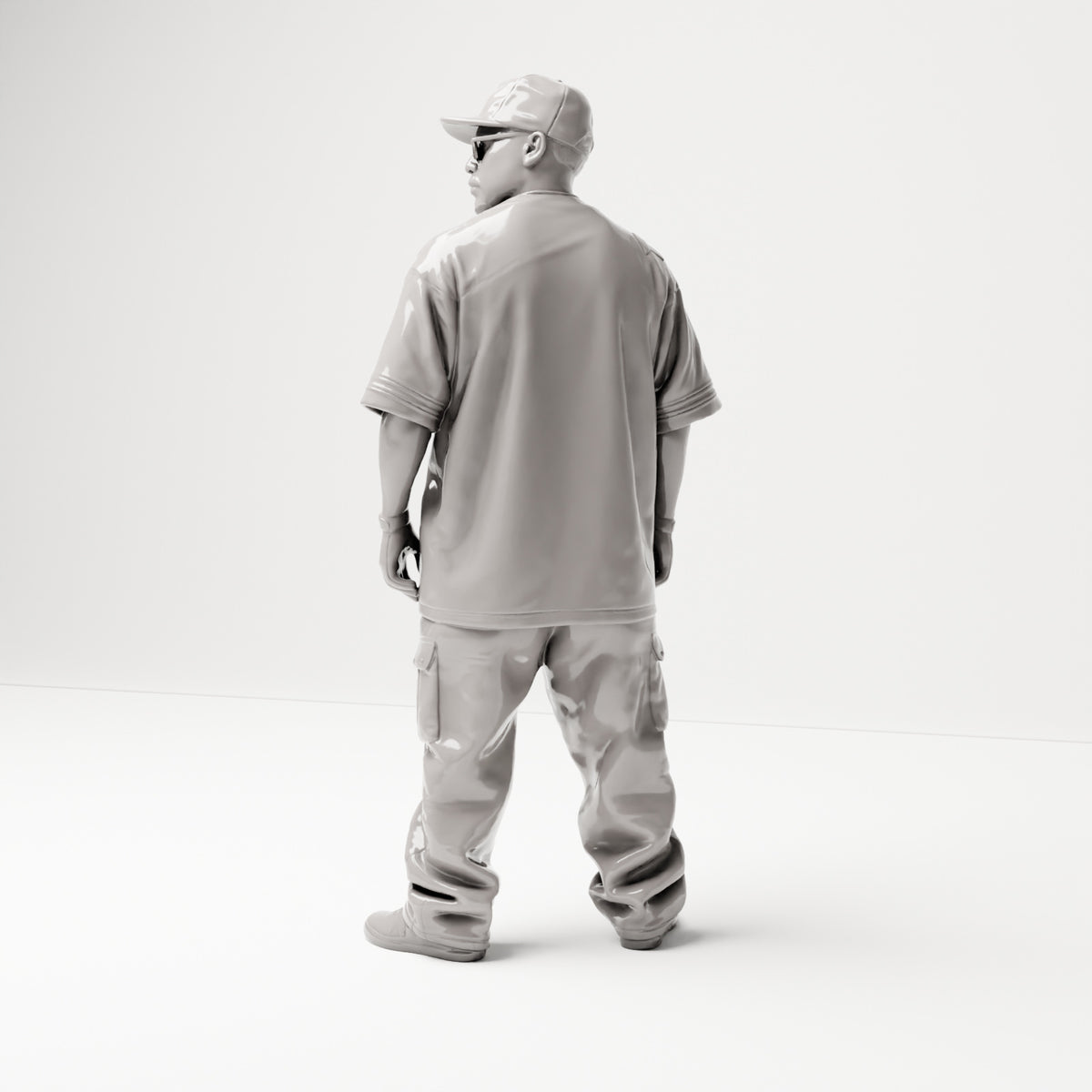 Stehende Figur: Hip-Hopper mit Kappe, Sonnenbrille & Sporttrikot 13 (B032) - Rueckansicht