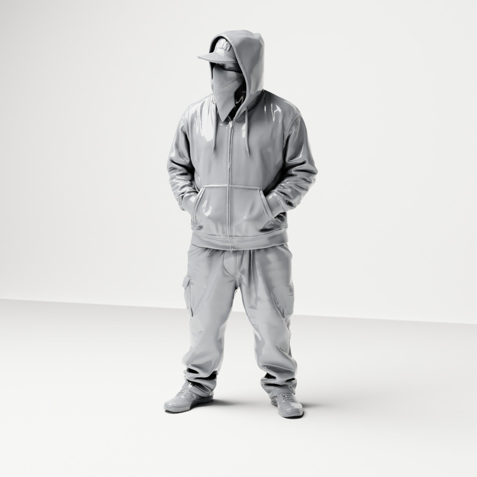 Diorama modélisme photo produit 0 : Figurine debout : personne avec sweat à capuche, casquette et foulard, mains dans les poches (B034)