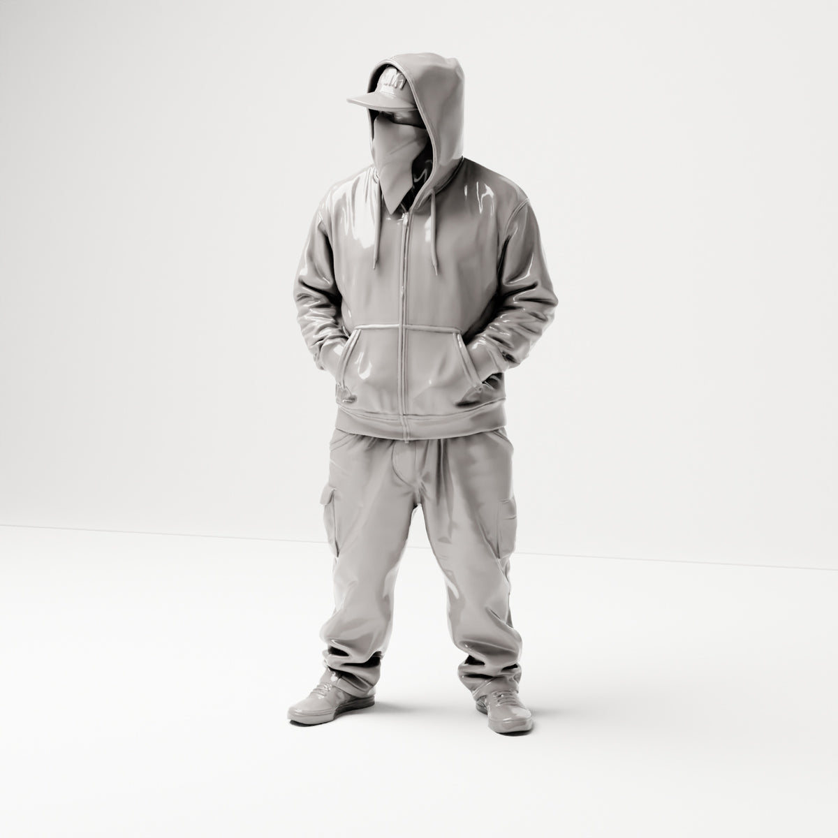 Stehende Figur: Person im Hip-Hop-Style mit Kapuzenjacke, Basecap & Gesichtstuch, Hände in den Taschen (B034) - Vorderansicht