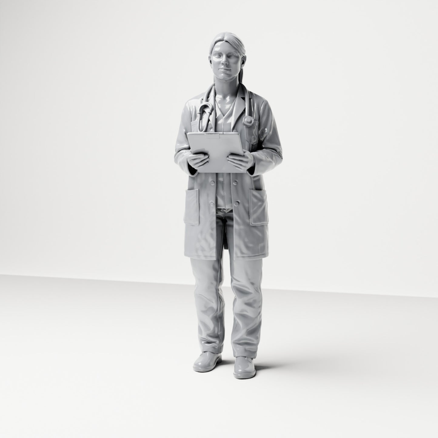 Photo produit de modélisme pour diorama 0 : figurine debout : médecin avec presse-papiers et stéthoscope (B044)