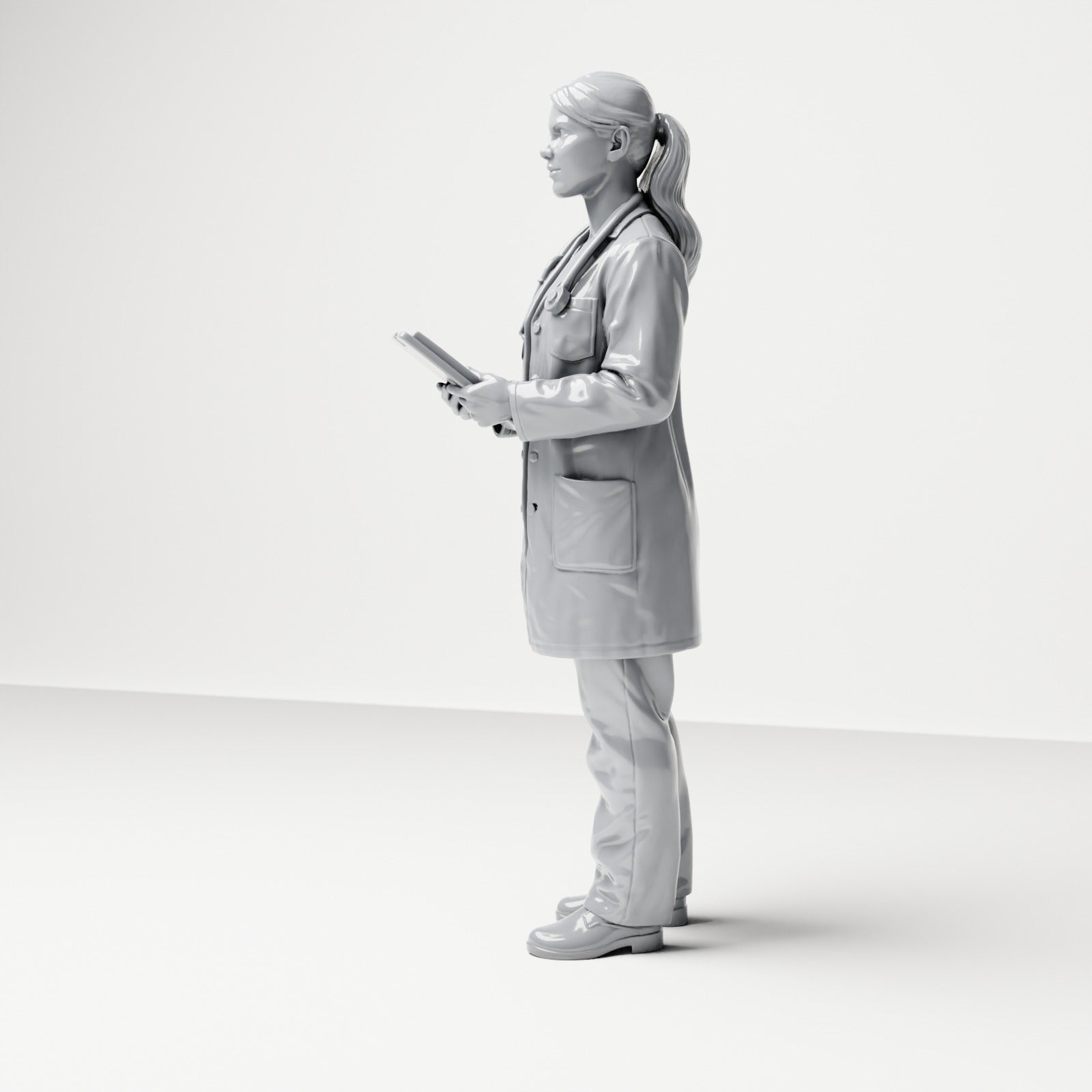 Photo produit de modélisme pour diorama 1 : figurine debout : médecin avec presse-papiers et stéthoscope (B044)