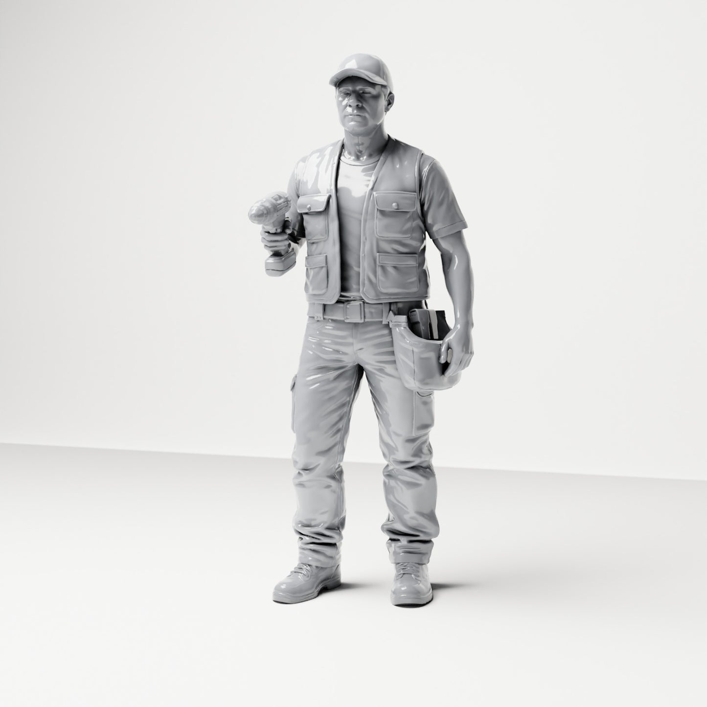 Photo produit de modélisme pour diorama 0 : figurine debout : artisan avec sac à outils et visseuse sans fil (B046)