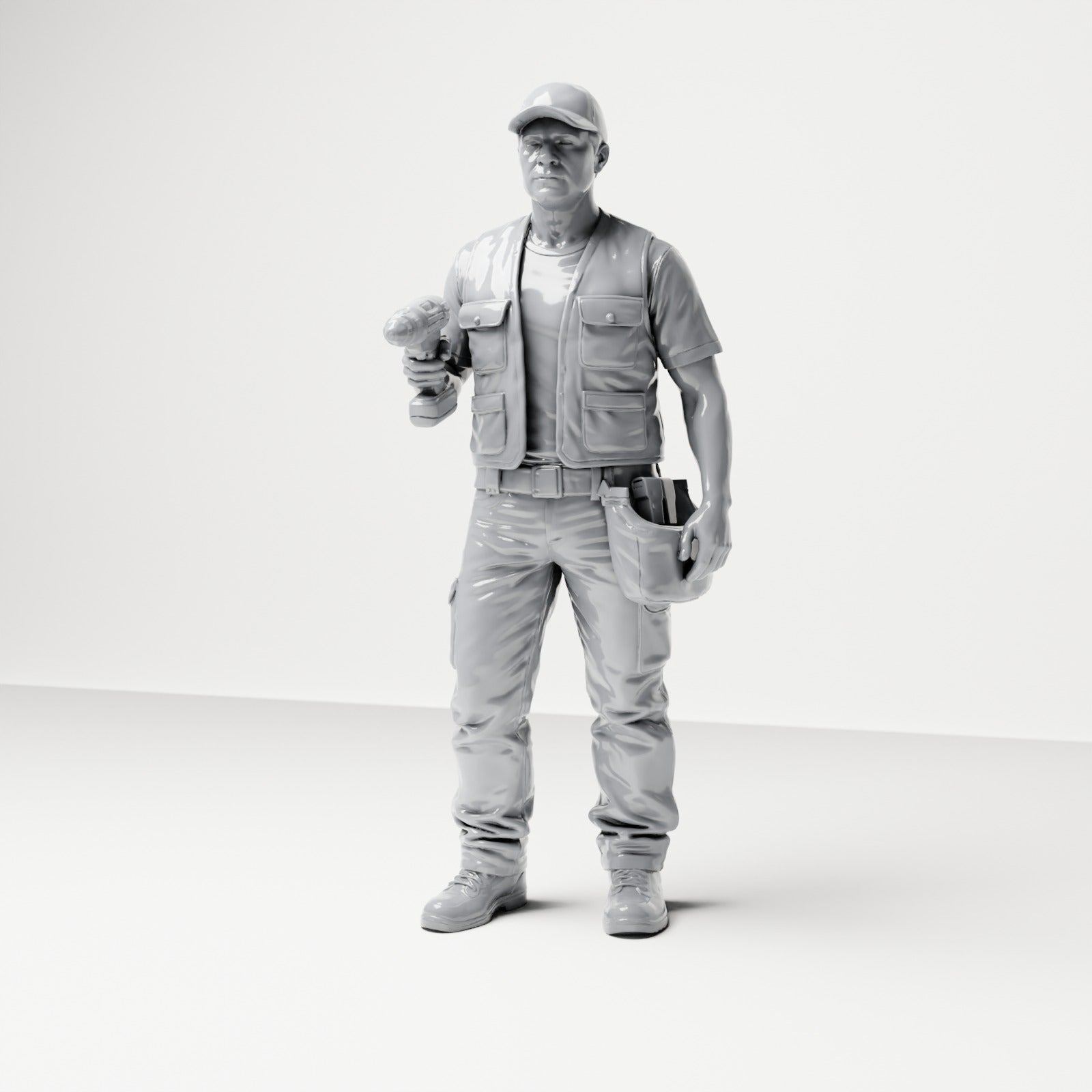 Photo produit de modélisme pour diorama 0 : figurine debout : artisan avec sac à outils et visseuse sans fil (B046)