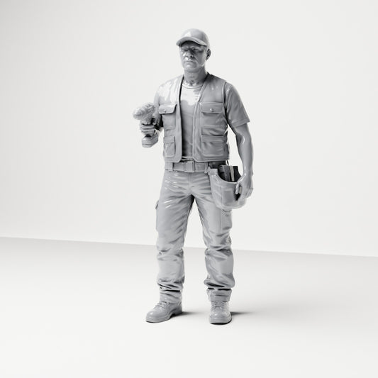 Photo produit de modélisme pour diorama 0 : figurine debout : artisan avec sac à outils et visseuse sans fil (B046)