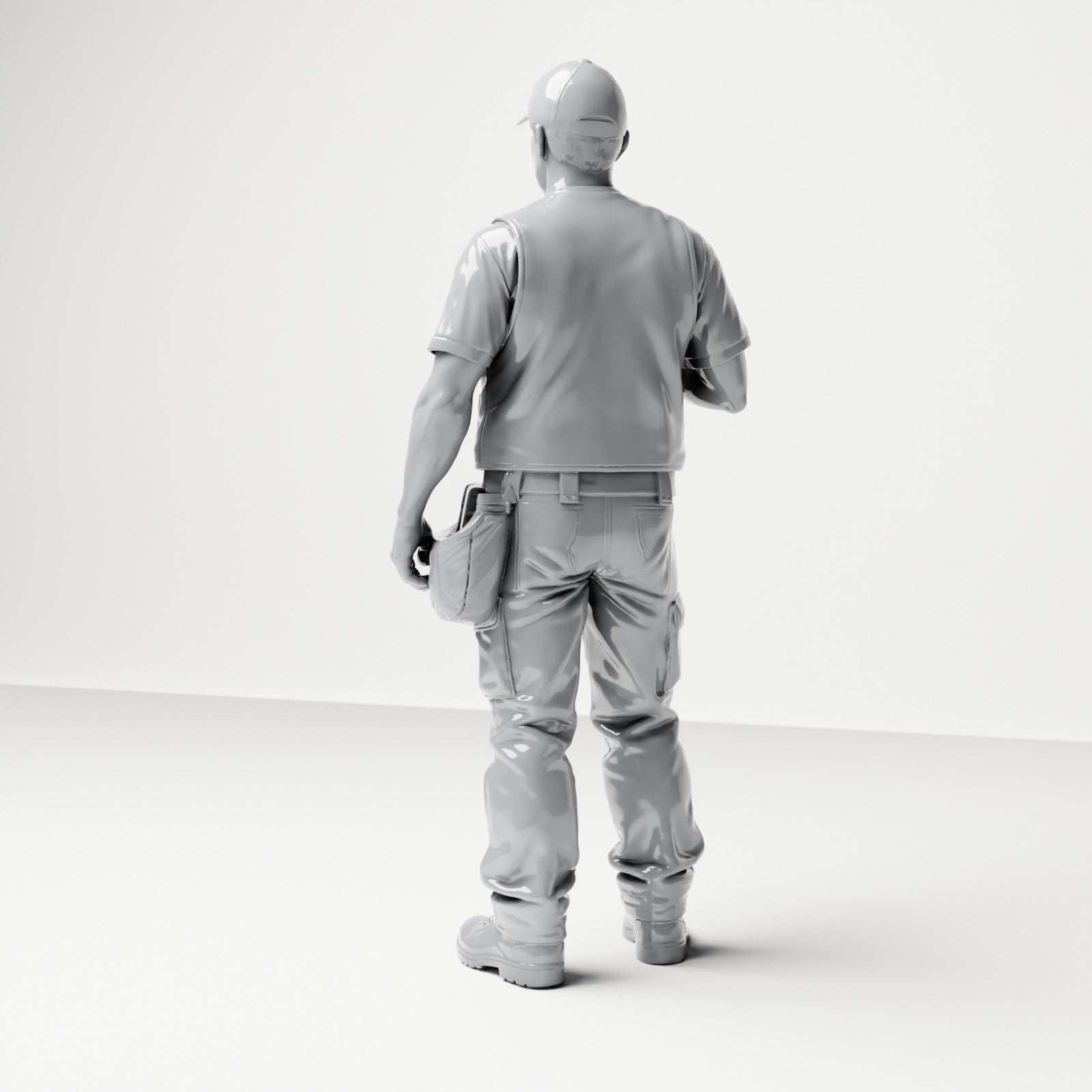 Photo produit de modélisme de diorama 2 : figurine debout : artisan avec sacoche à outils et visseuse sans fil (B046)