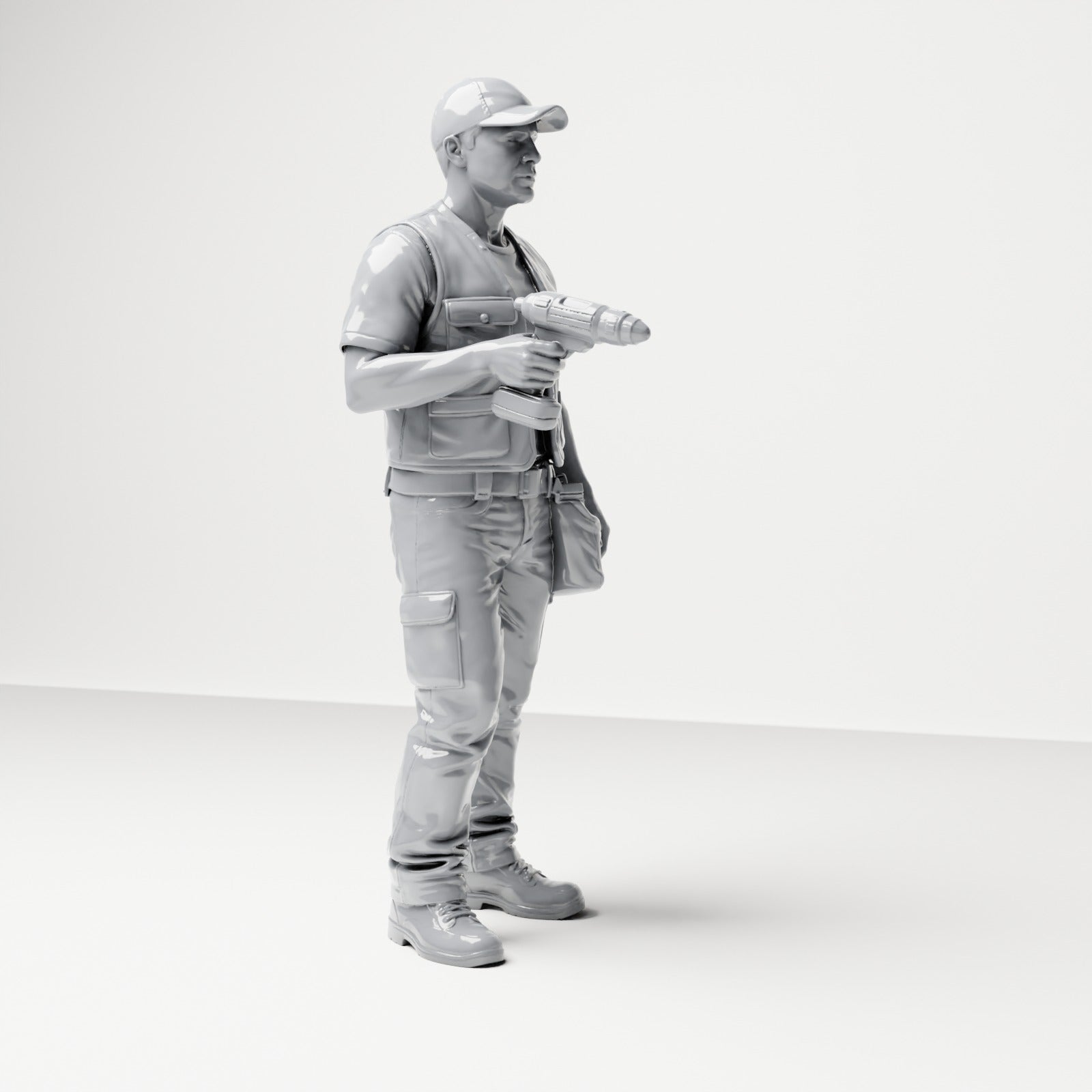 Photo produit de modélisme pour diorama 3 : figurine debout : artisan avec sacoche à outils et visseuse sans fil (B046)