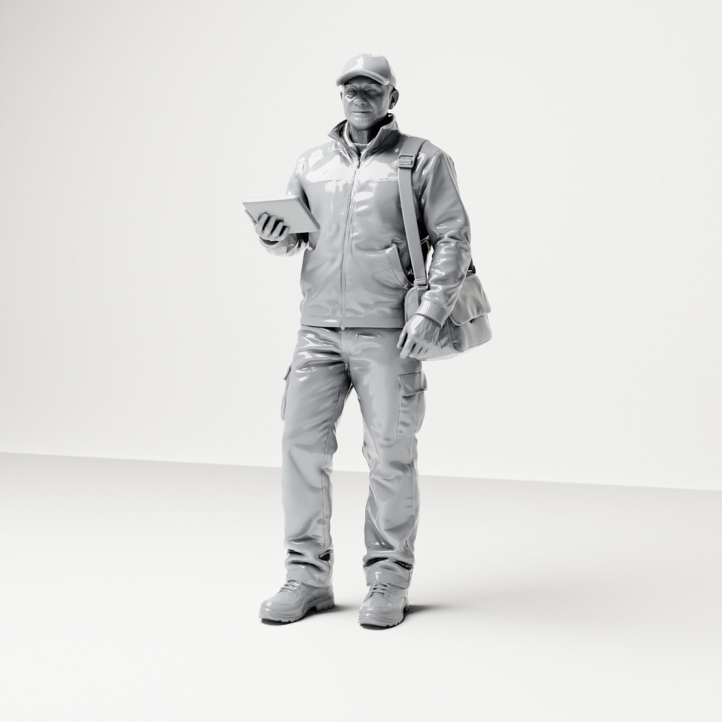 Photo produit de modélisme pour diorama 0 : figurine debout : livreur avec casquette, sacoche et terminal portable (B048)