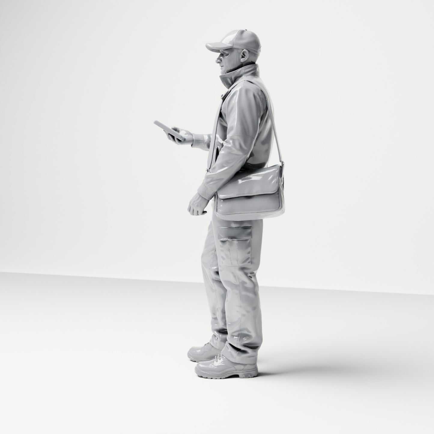 Photo produit de modélisme pour diorama 1 : figurine debout : livreur avec casquette, sacoche et terminal portatif (B048)