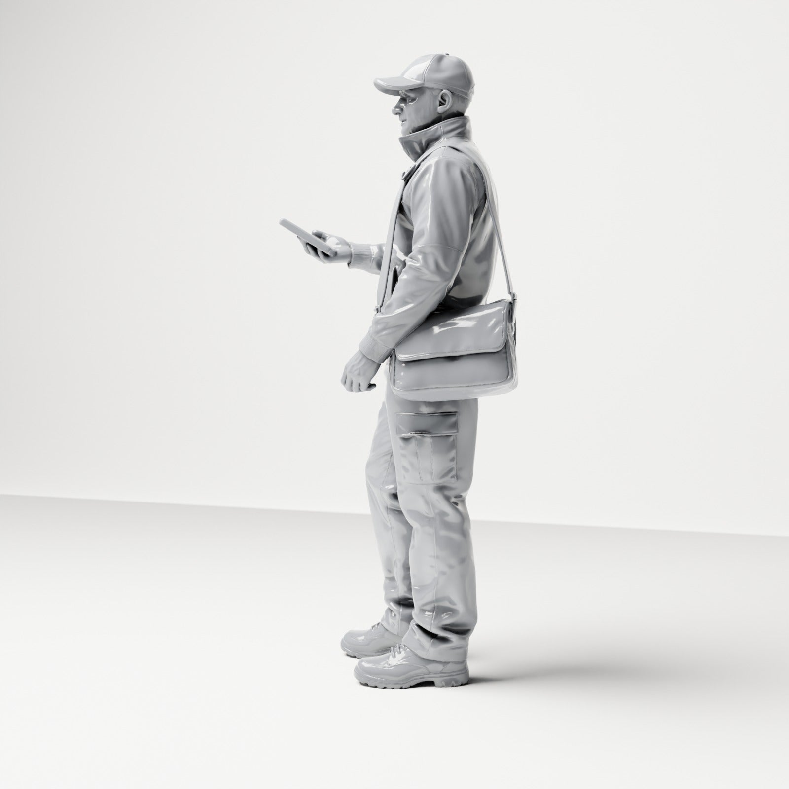 Photo produit de modélisme pour diorama 1 : figurine debout : livreur avec casquette, sacoche et terminal portatif (B048)
