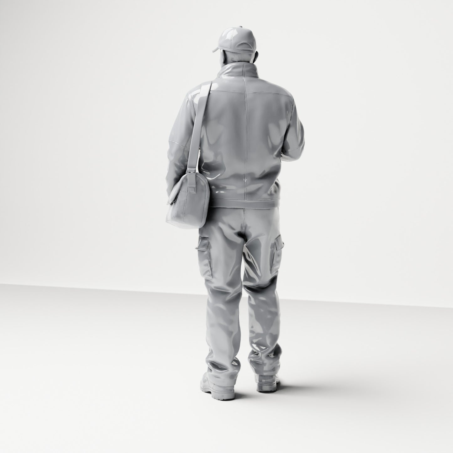 Photo produit de modélisme de diorama 2 : figurine debout : livreur avec casquette, sacoche et terminal portable (B048)