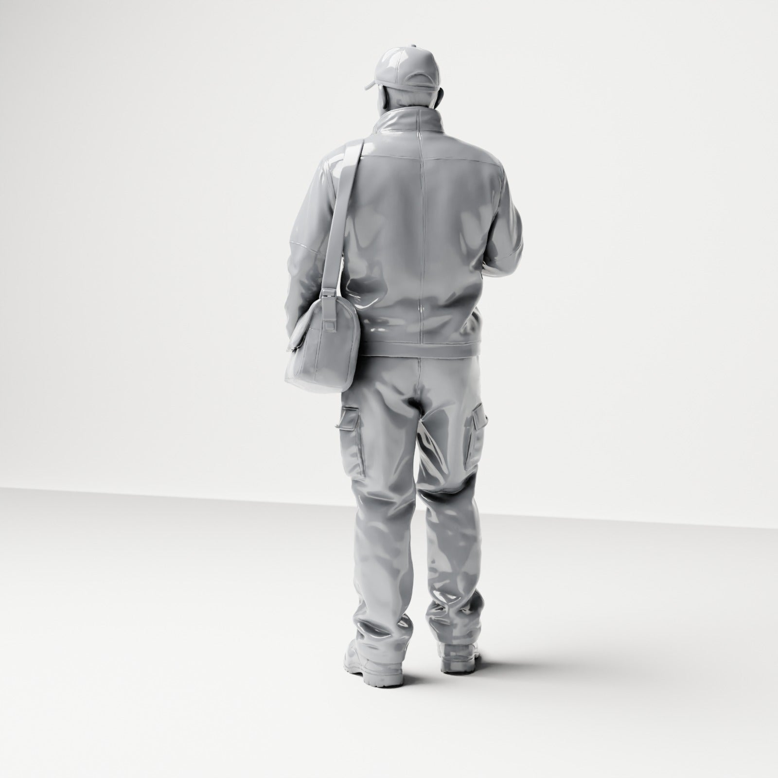 Photo produit de modélisme de diorama 2 : figurine debout : livreur avec casquette, sacoche et terminal portable (B048)