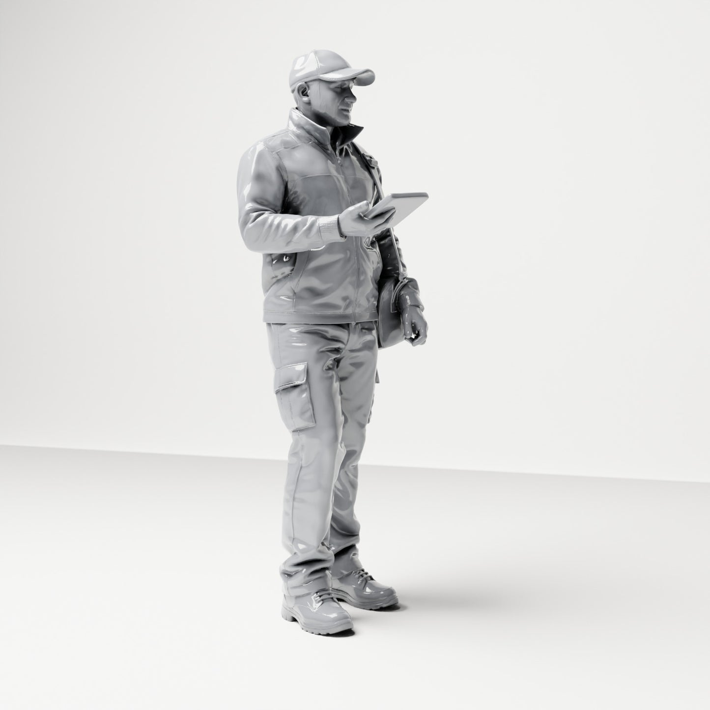 Photo produit de modélisme de diorama 3 : figurine debout : livreur de colis avec casquette, sac en bandoulière et terminal portable (B048)