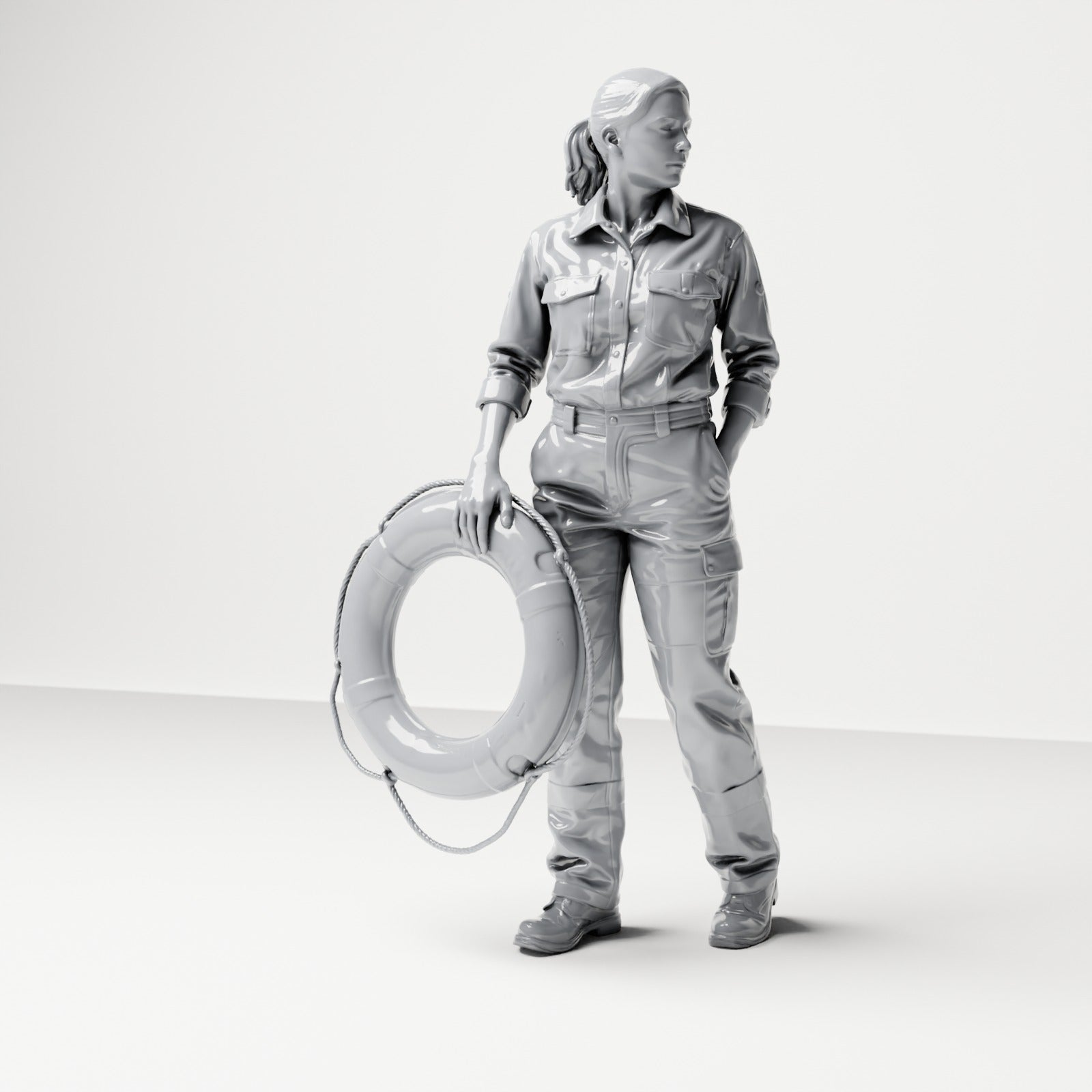 Photo produit de maquette de diorama 0 : figurine debout : femme d’équipage de navire en tenue de travail avec bouée de sauvetage (B049)