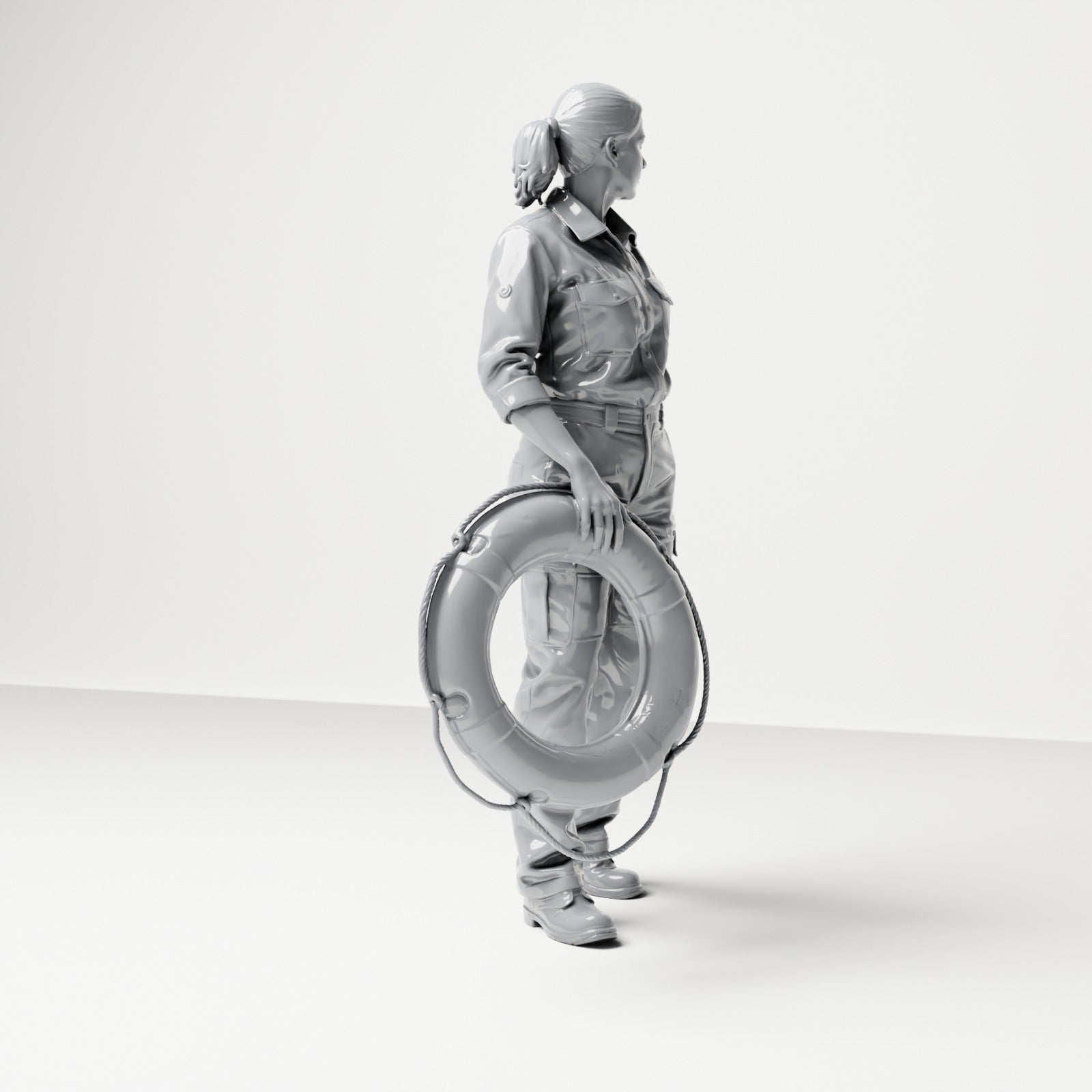 Photo produit de modélisme pour diorama 3 : figurine debout : membre féminin d’équipage de navire en tenue de travail avec bouée de sauvetage (B049)