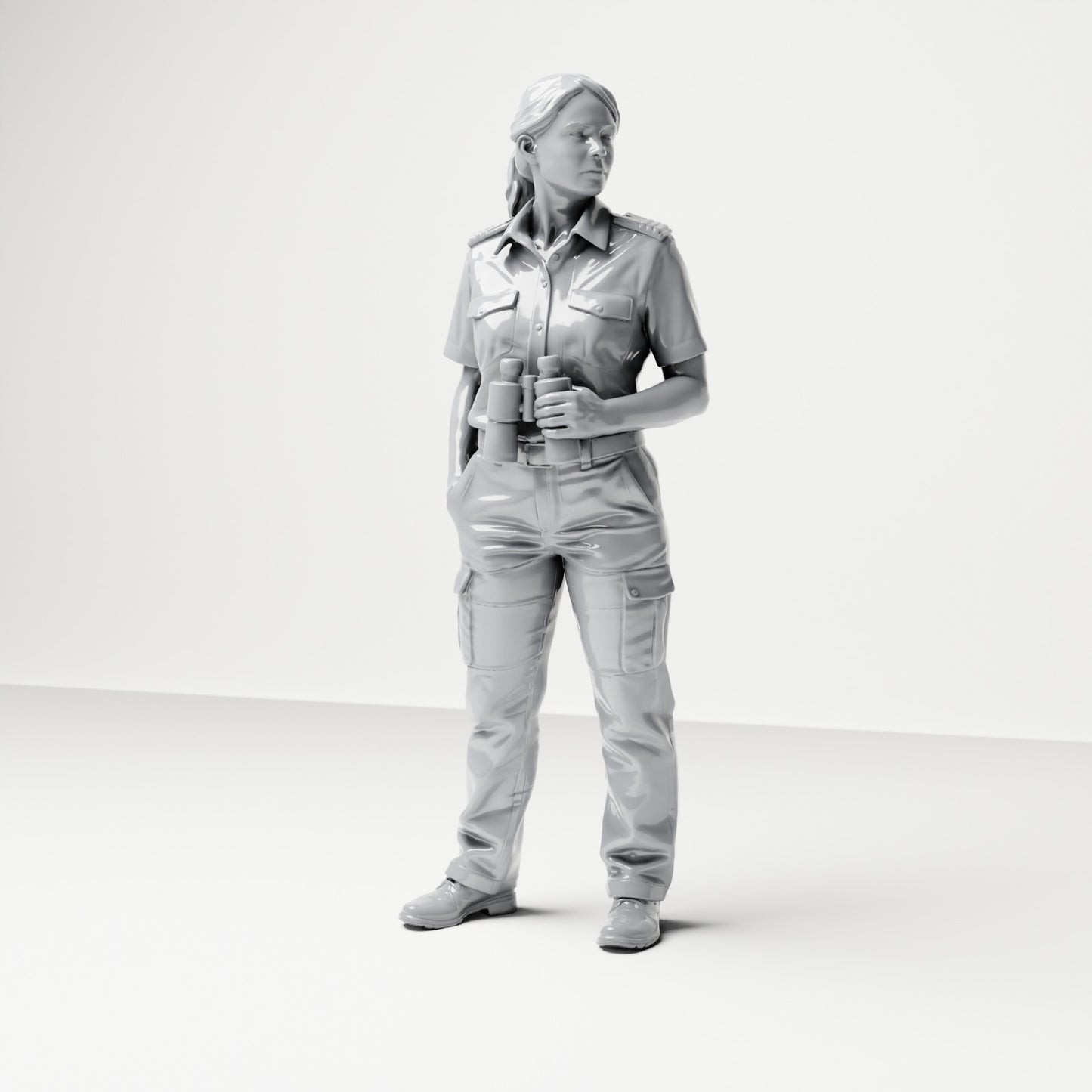 Photo produit de modélisme pour diorama 0 : figurine debout : femme d’équipage de navire en uniforme avec jumelles (B050)