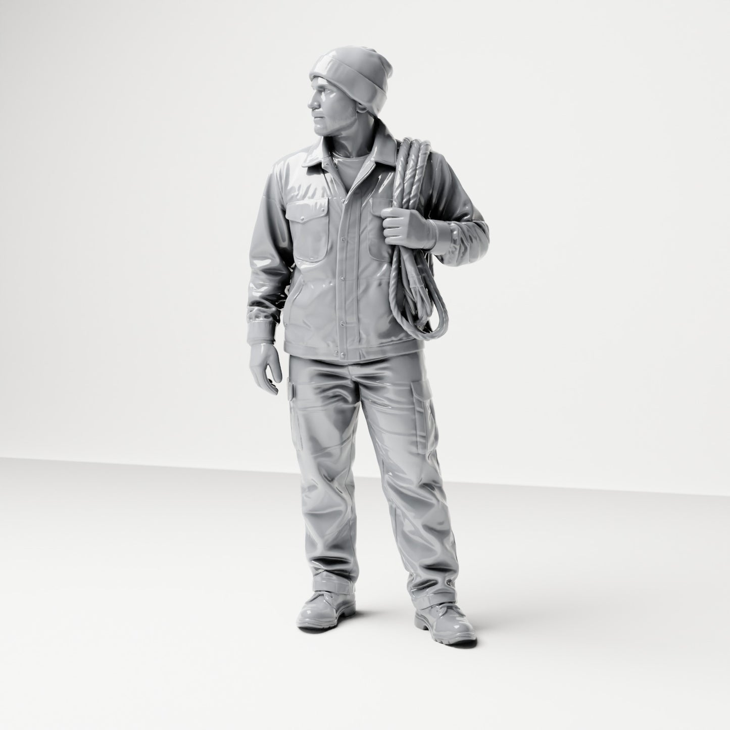 Photo produit de modélisme pour diorama 0 : figurine debout : membre d’équipage de navire en tenue de travail avec rouleau de corde (B052)