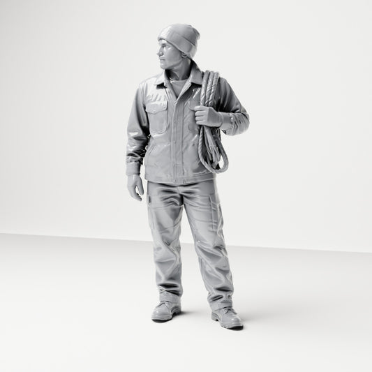 Photo produit de modélisme pour diorama 0 : figurine debout : membre d’équipage de navire en tenue de travail avec rouleau de corde (B052)