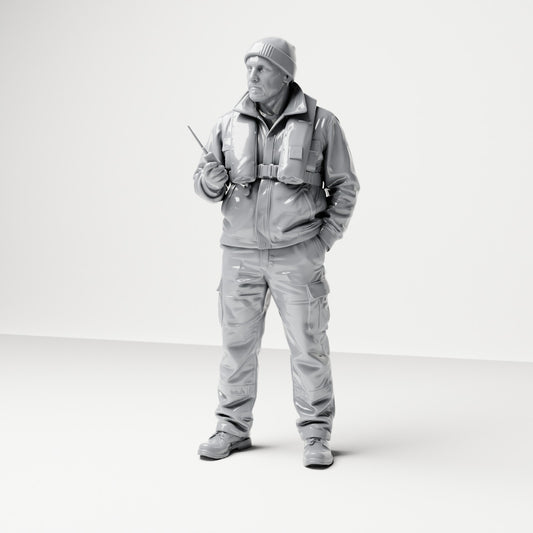 Photo produit de modélisme de diorama 0 : figurine debout : membre d’équipage de navire avec casquette, gilet de sauvetage et radio (B053)