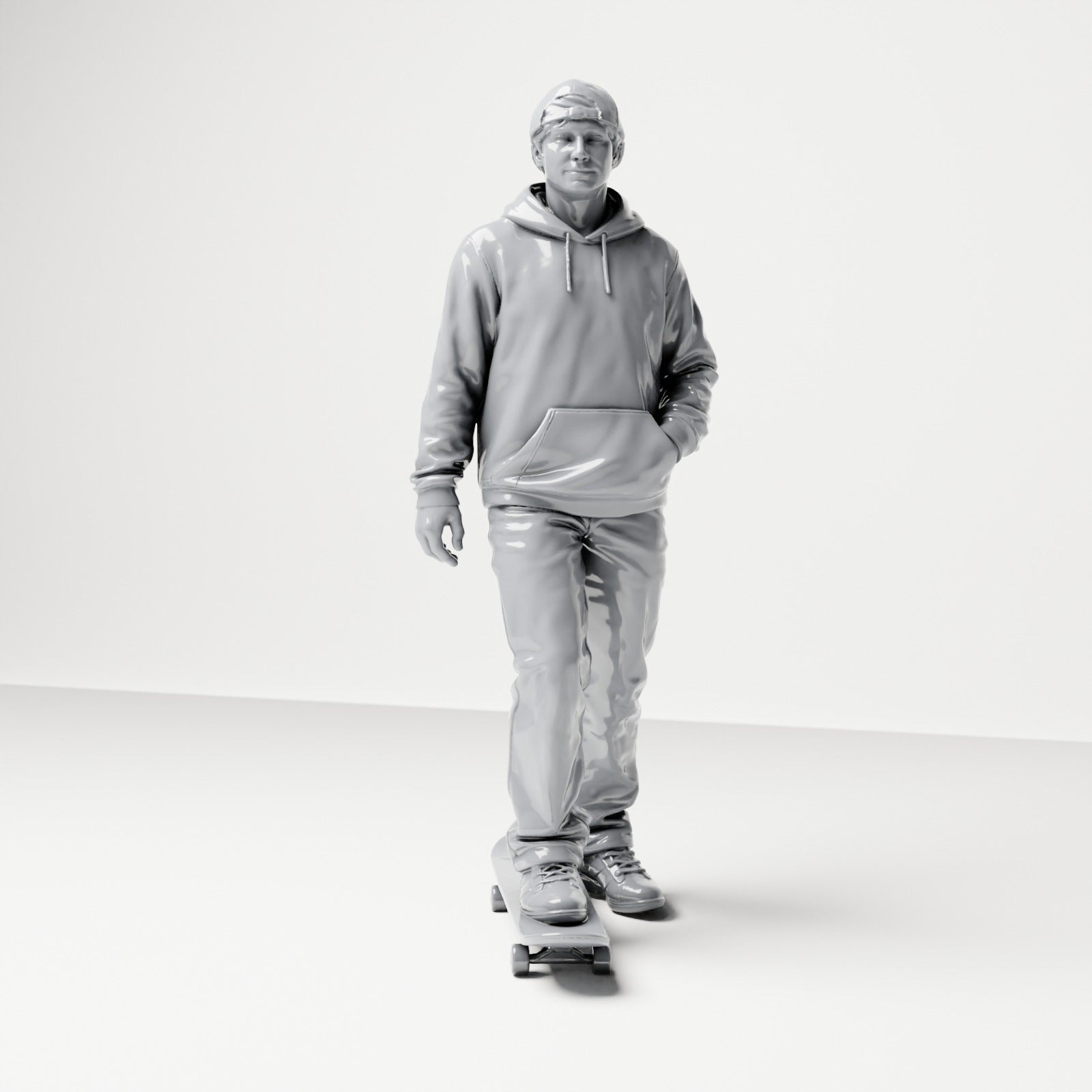 Photo produit de modélisme pour diorama 0 : figurine debout : skateur avec casquette, sweat à capuche et skateboard (B054)