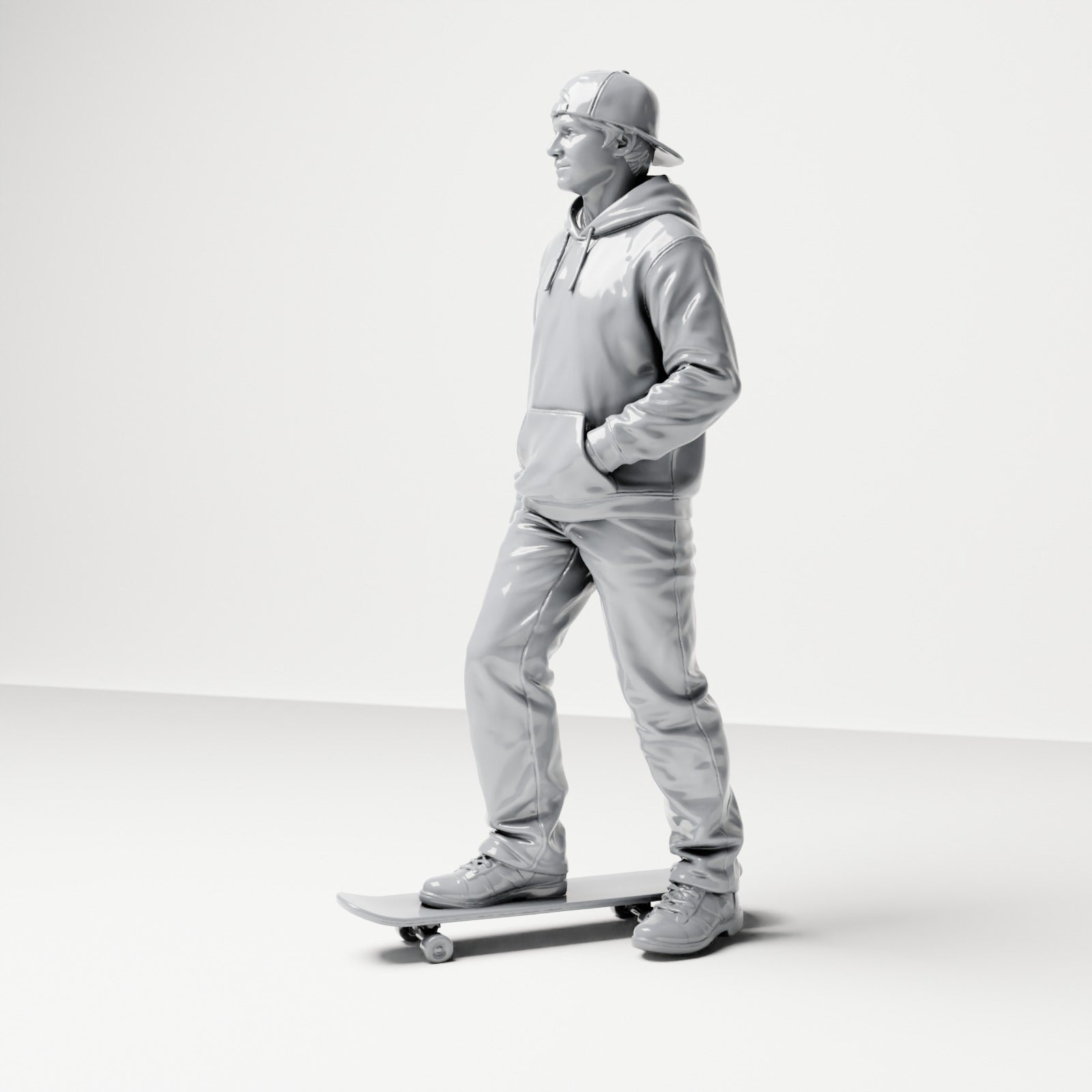Photo produit de diorama modélisme 1 : figurine debout : skateur avec casquette, sweat à capuche et skateboard (B054)