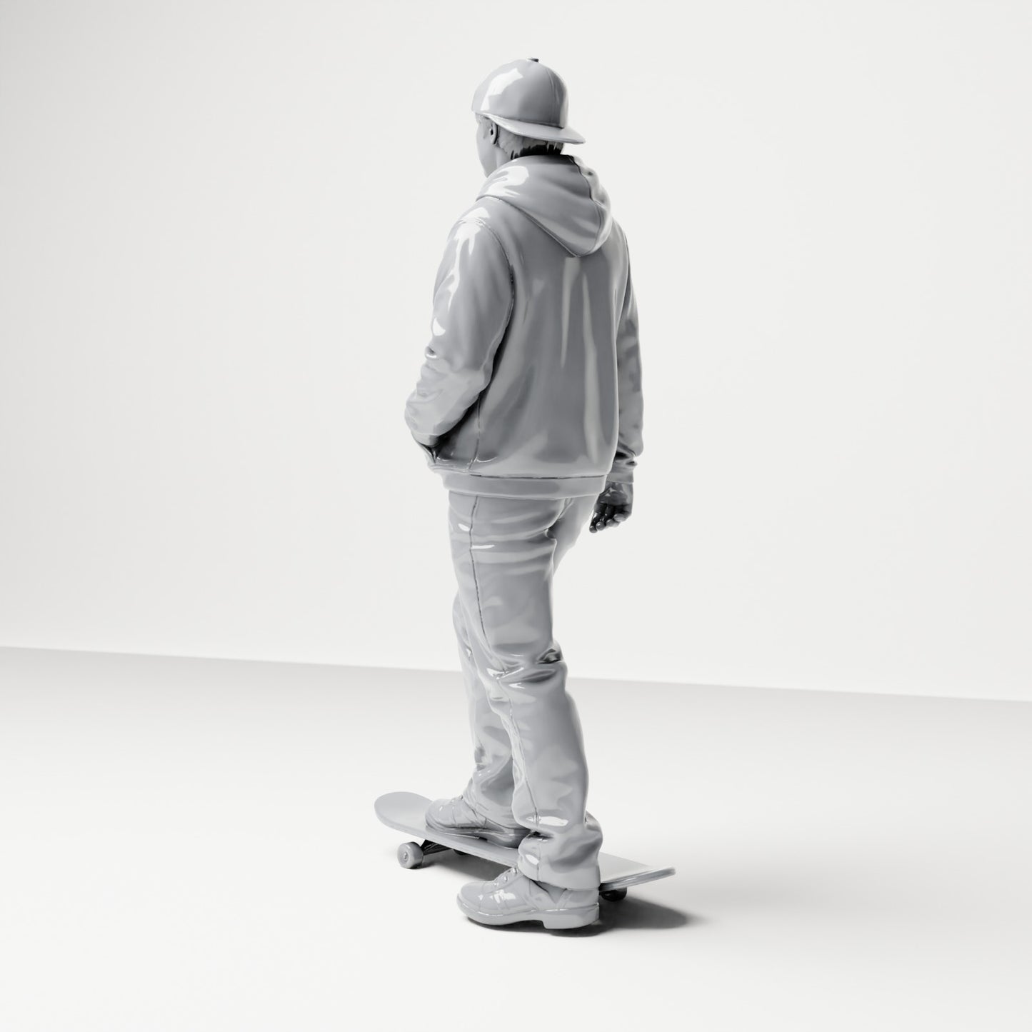 Photo produit de modélisme de diorama 2 : figurine debout : skateur avec casquette, sweat à capuche et skateboard (B054)