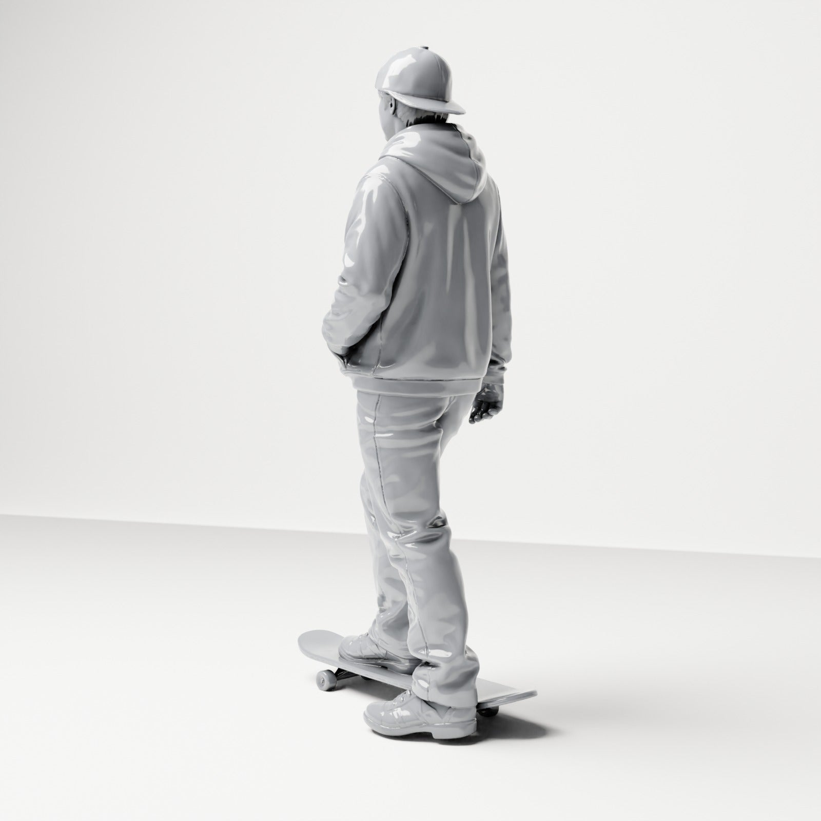 Photo produit de modélisme de diorama 2 : figurine debout : skateur avec casquette, sweat à capuche et skateboard (B054)