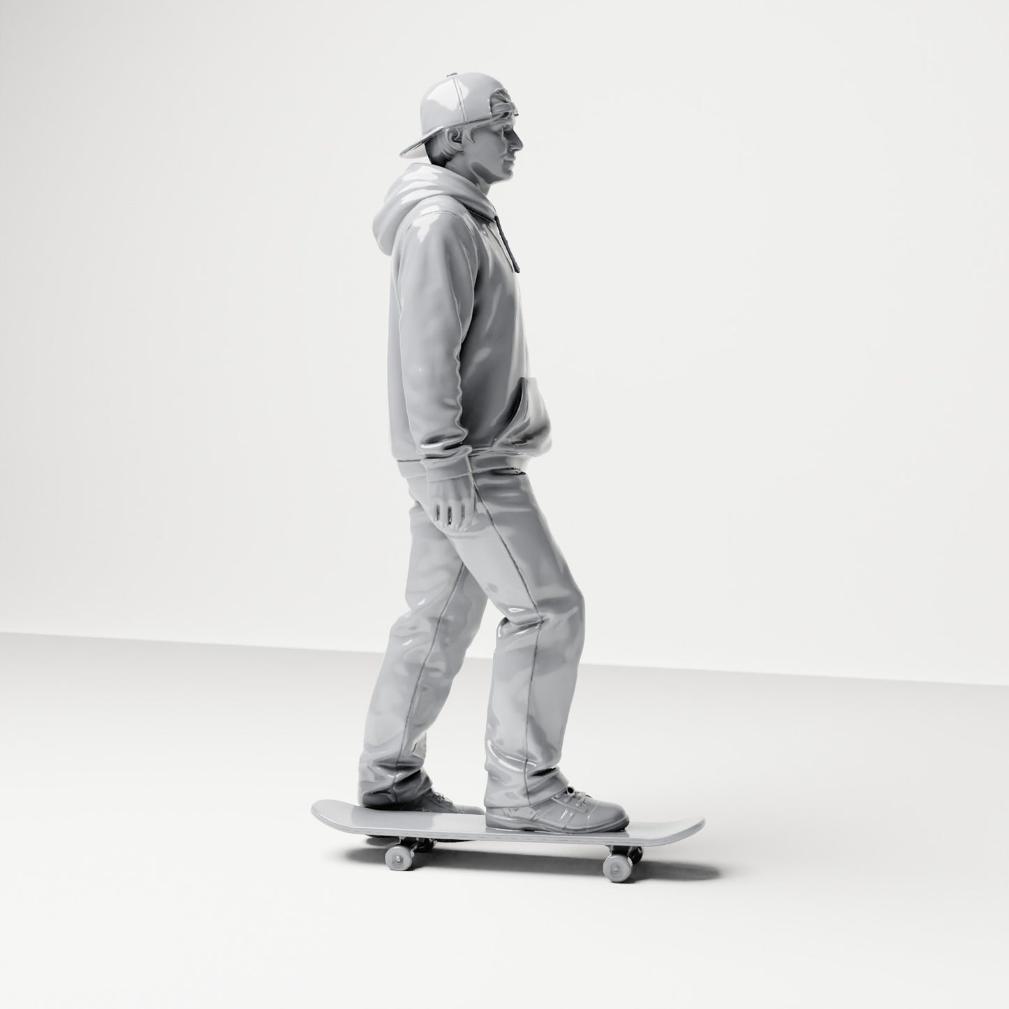 Photo produit de modélisme pour diorama 3 : figurine debout : skateur avec casquette, sweat à capuche et skateboard (B054)