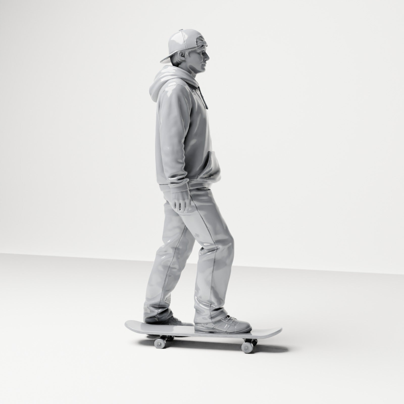 Photo produit de modélisme pour diorama 3 : figurine debout : skateur avec casquette, sweat à capuche et skateboard (B054)