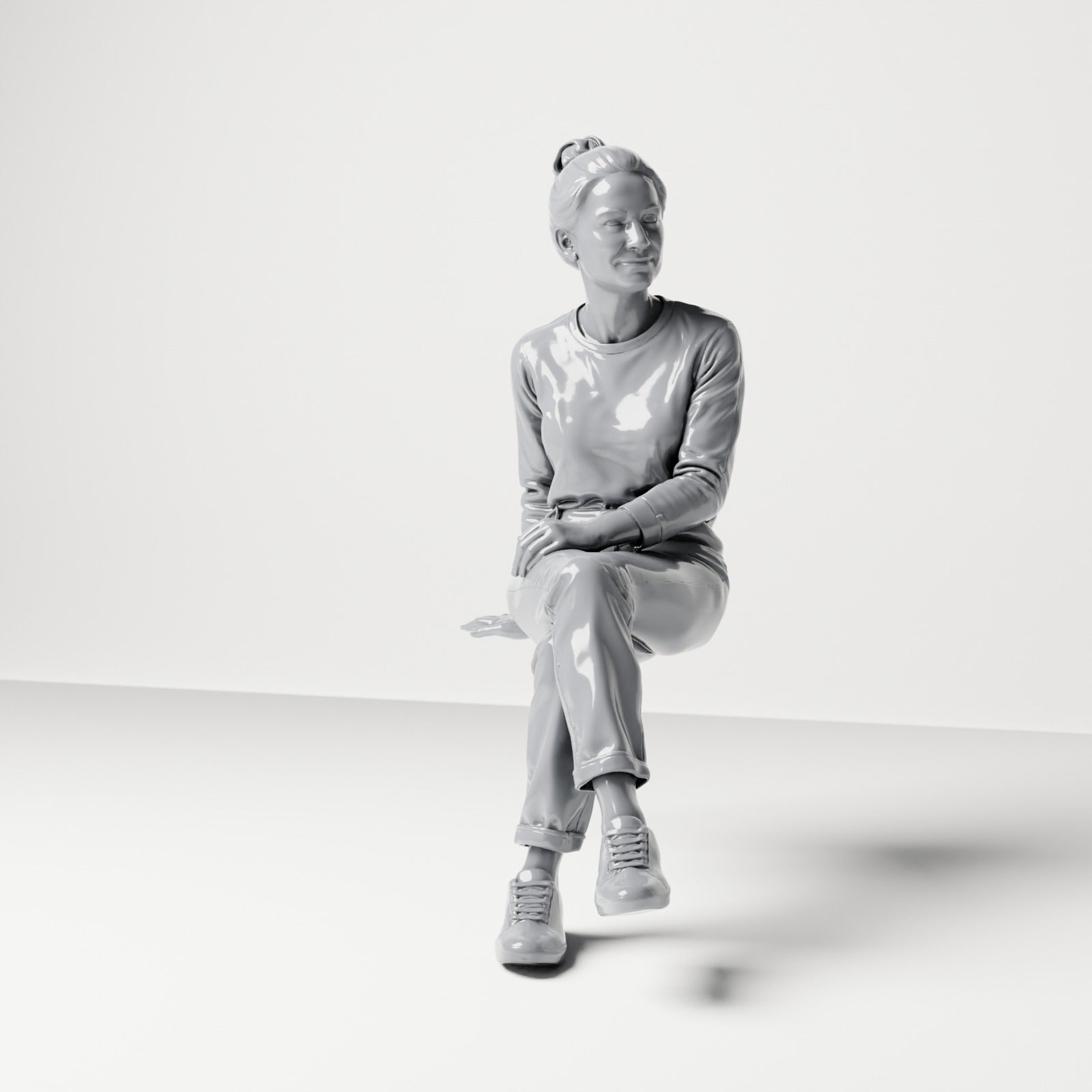 Photo produit de modélisme pour diorama 0 : figurine assise, spectatrice aux jambes croisées et aux mains sur les genoux (B055)
