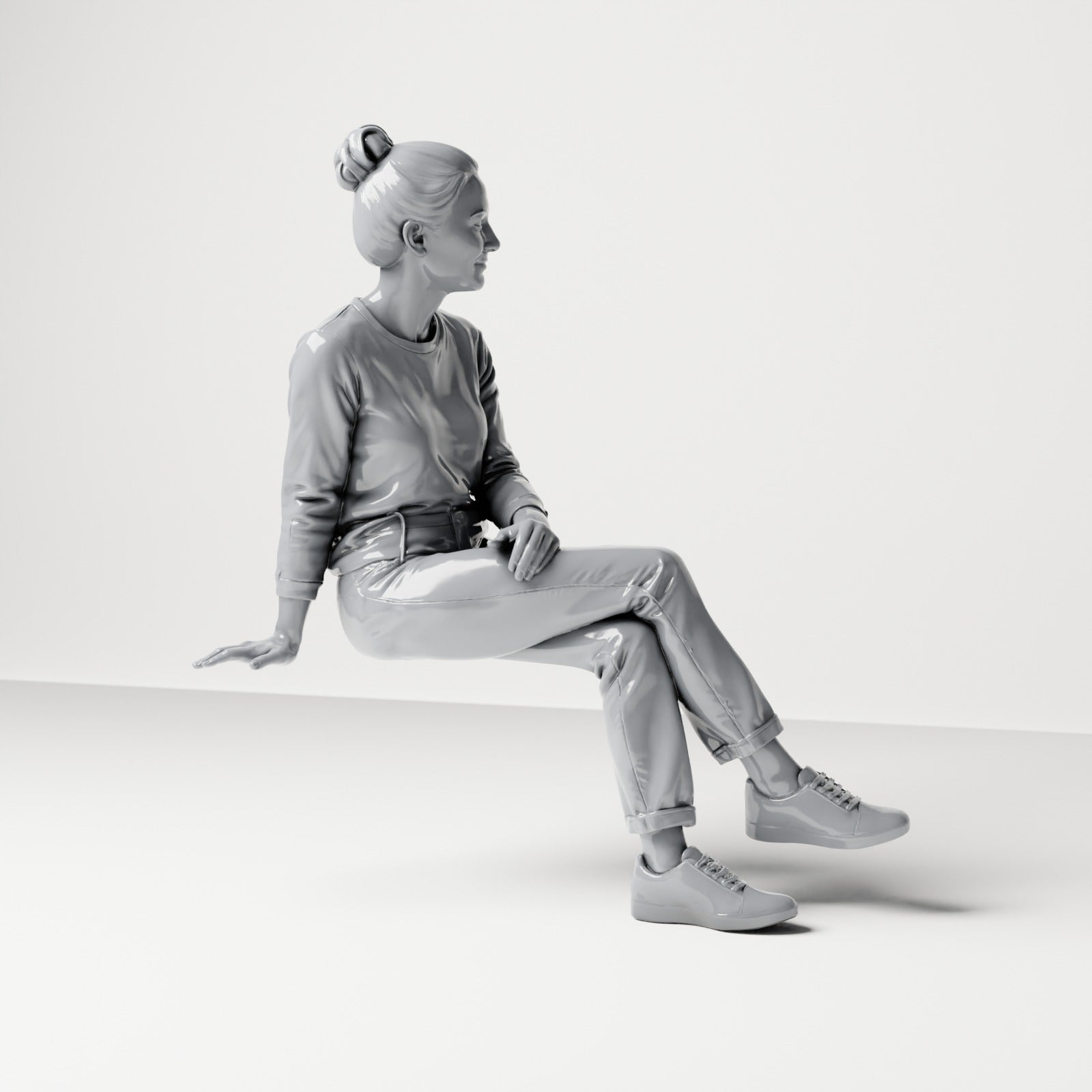 Photo produit de modélisme pour diorama 3 : figurine assise, spectatrice aux jambes croisées et aux mains sur les genoux (B055)