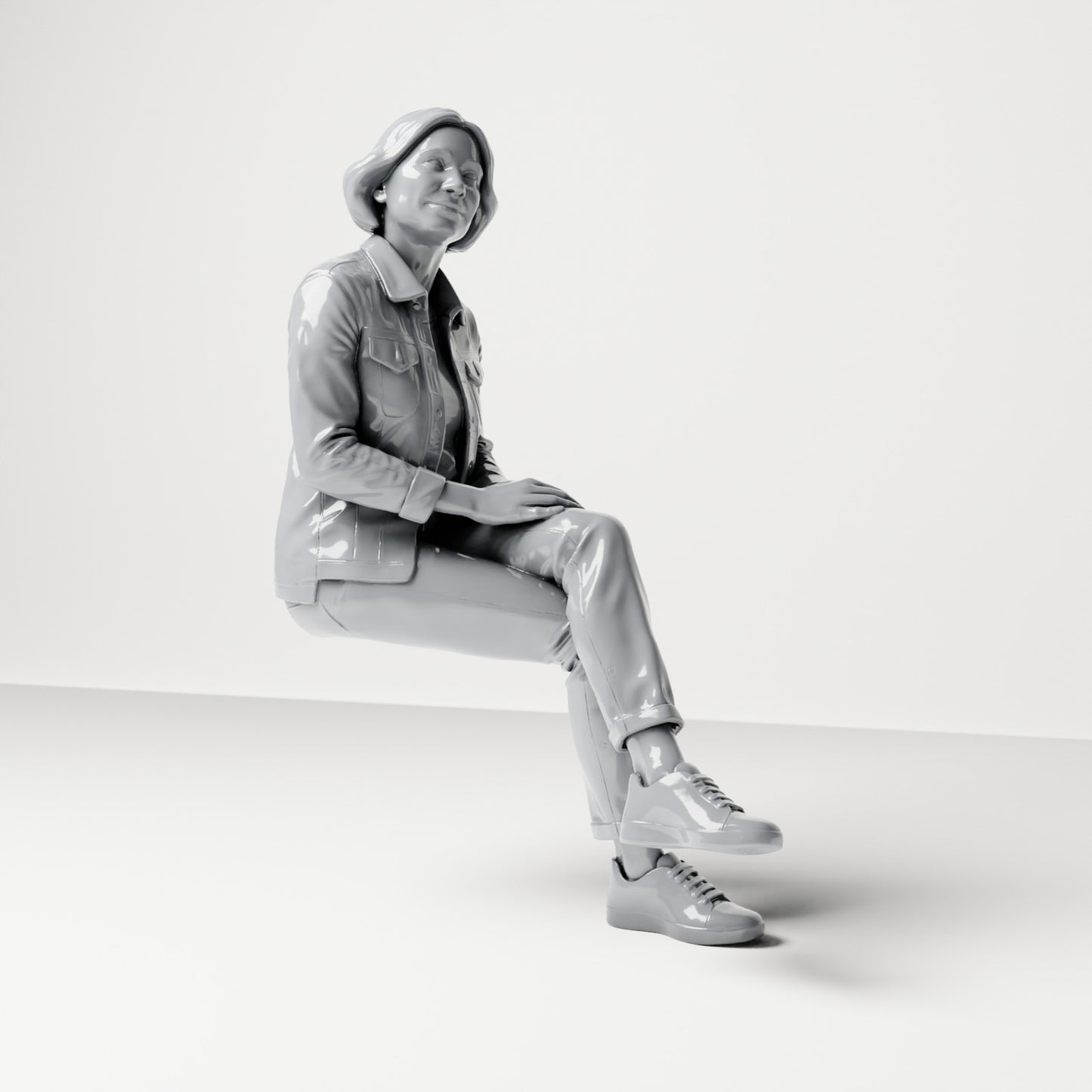 Photo produit de modélisme de diorama 3 : figurine assise : spectatrice aux jambes croisées et aux mains sur le genou (B056)