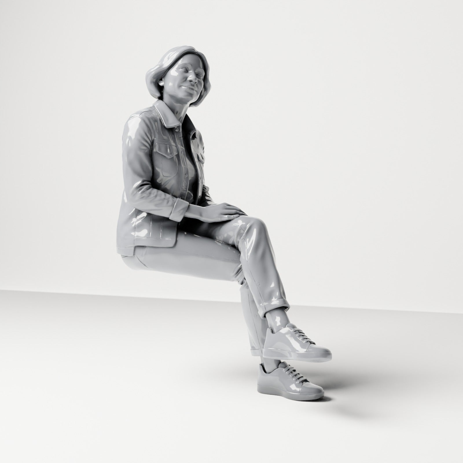 Photo produit de modélisme de diorama 3 : figurine assise : spectatrice aux jambes croisées et aux mains sur le genou (B056)