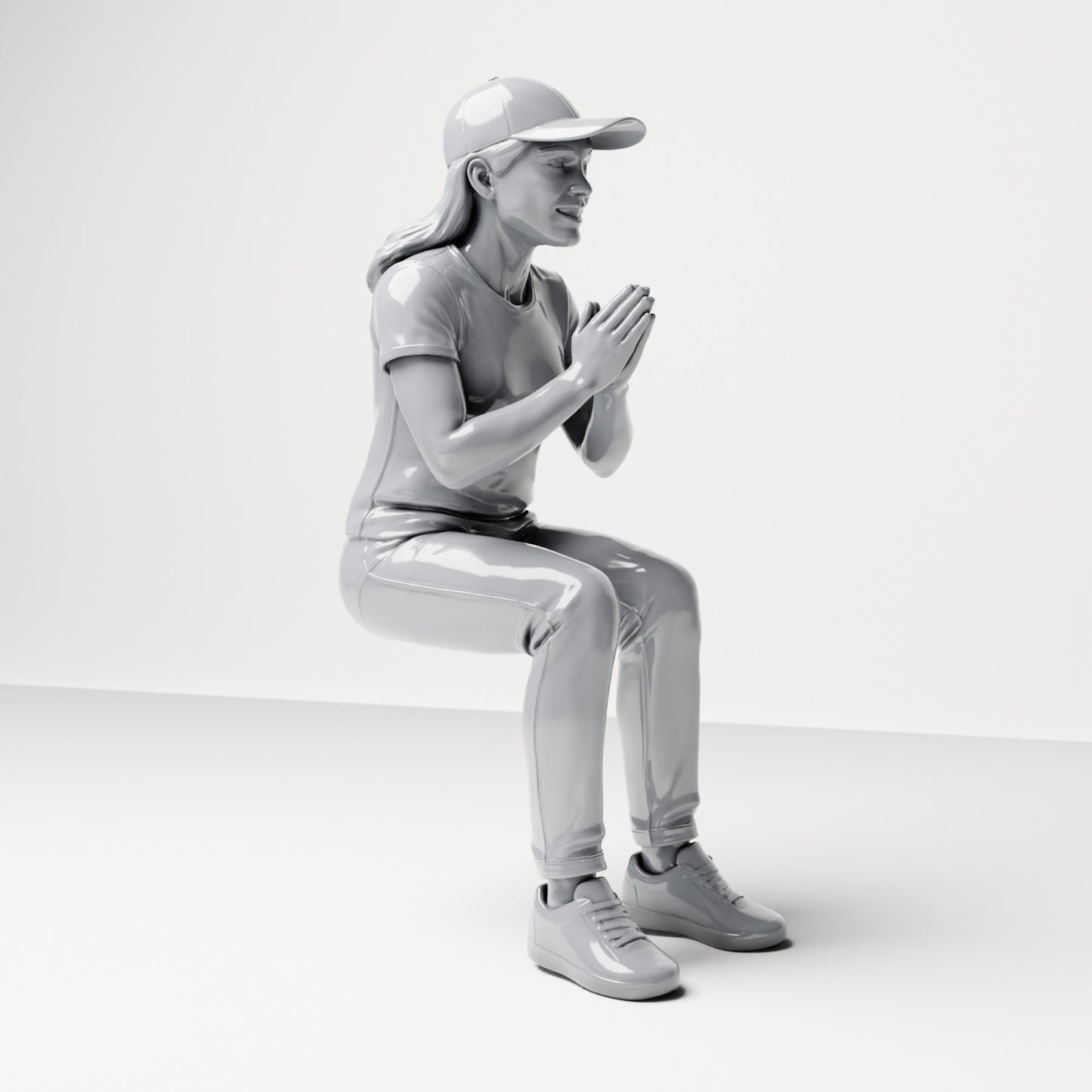 Photo produit de modélisme pour diorama 3 : figurine assise : spectatrice, mains jointes devant la poitrine (B058)