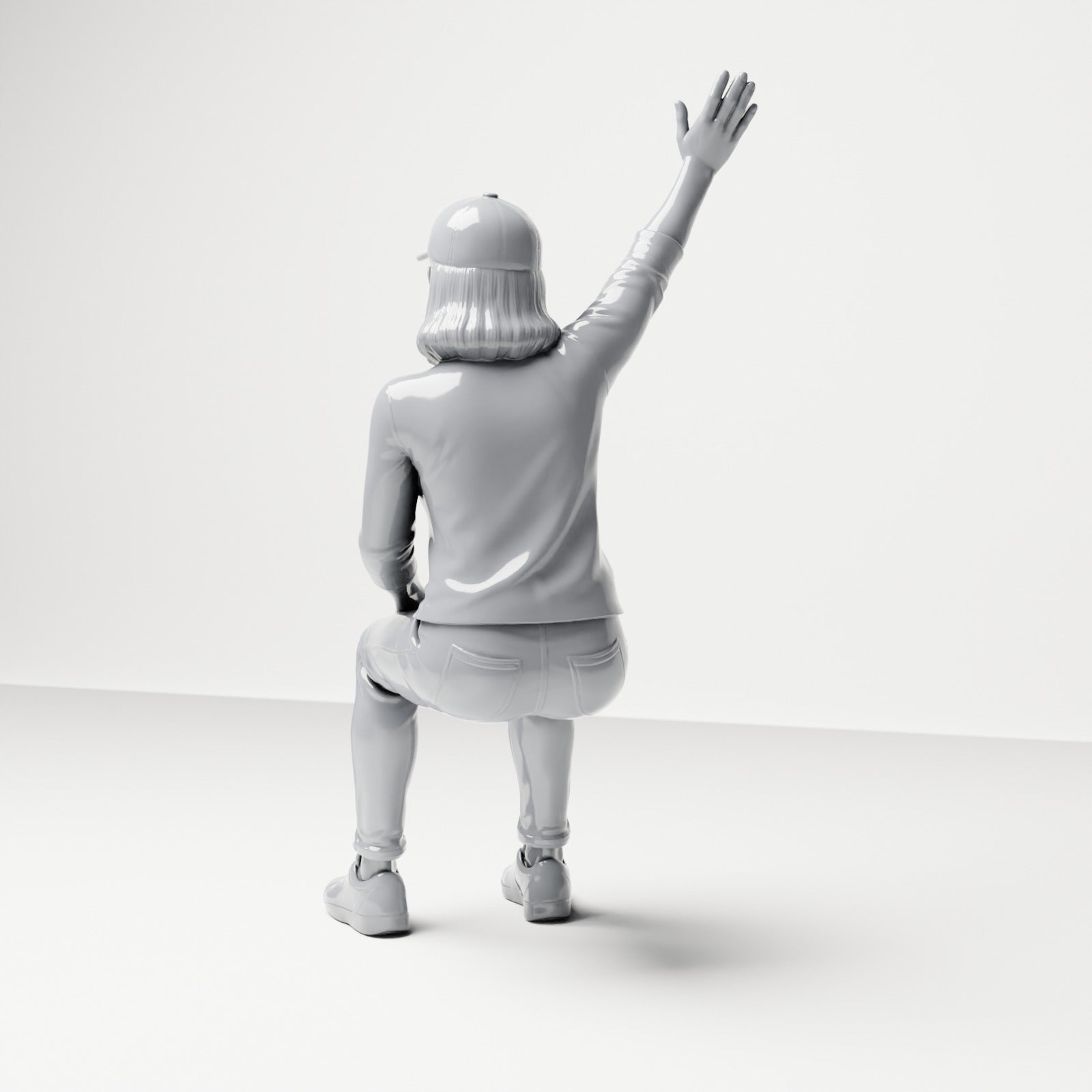 Photo produit de modélisme pour diorama 2 : figurine assise : spectatrice avec le bras levé (B059)
