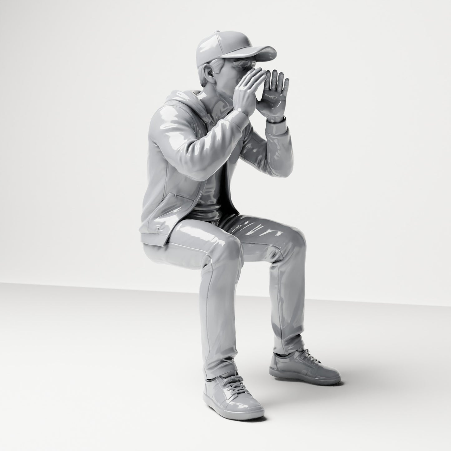 Photo produit de modélisme de diorama 3 : figurine assise, spectateur criant les mains autour de la bouche (B060)