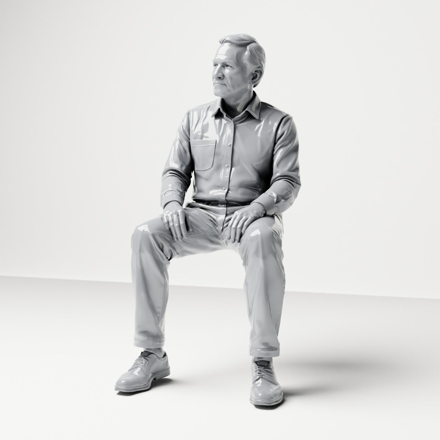 Photo produit de modélisme pour diorama 0 : figurine assise : spectateur masculin, mains sur les cuisses (B061)