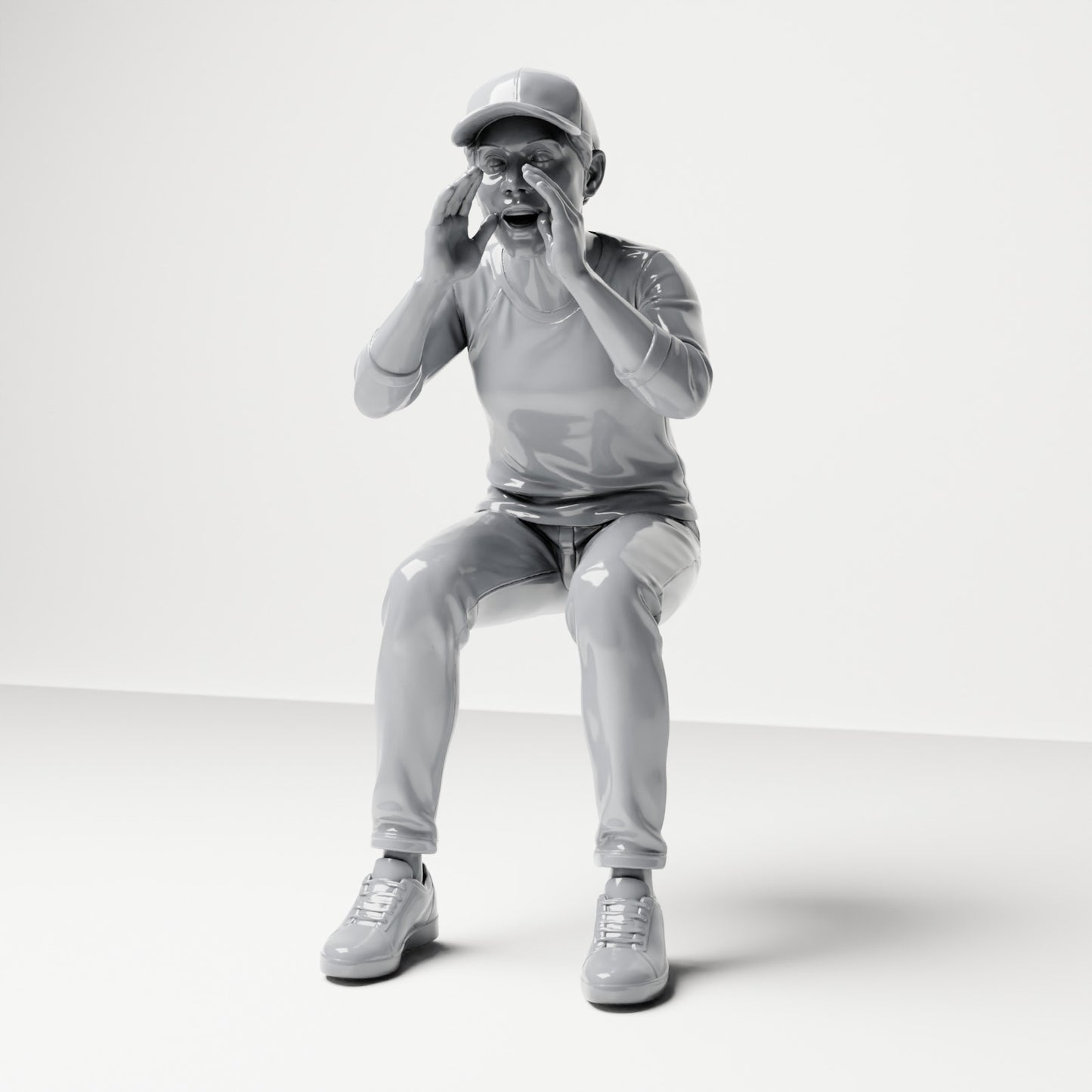 Photo produit de modélisme pour diorama 0 : figurine assise : spectateur criant les mains autour de la bouche (B062)