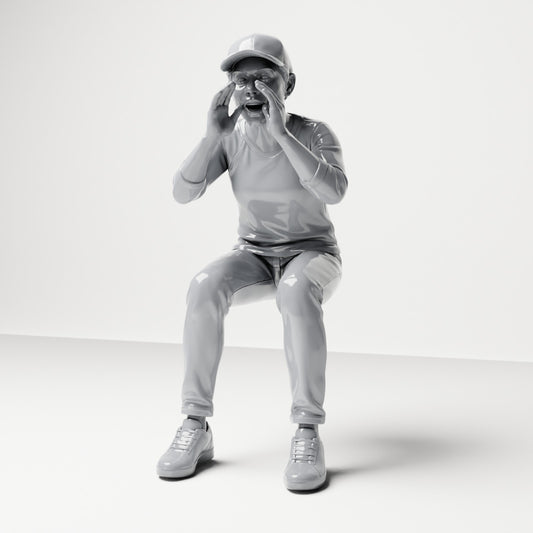 Photo produit de modélisme pour diorama 0 : figurine assise : spectateur criant les mains autour de la bouche (B062)