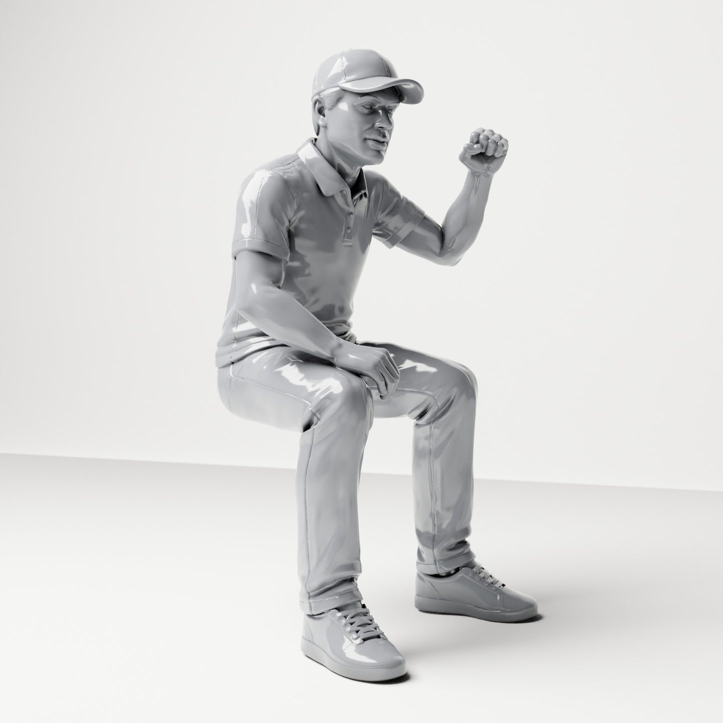 Photo produit de modélisme pour diorama 3 : figurine assise, spectateur masculin levant le poing serré (B065)