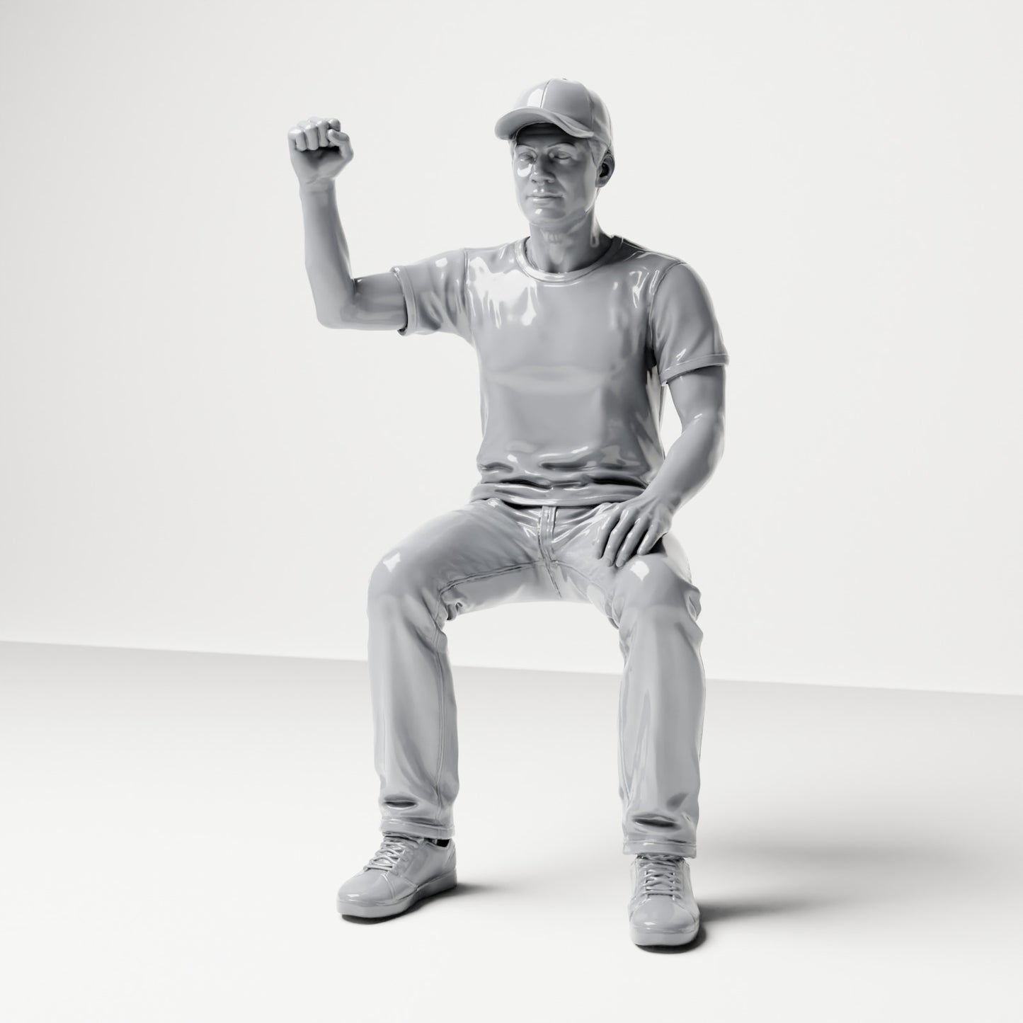 Photo produit de modélisme pour diorama 0 : figurine assise, spectateur levant le poing serré (B066)