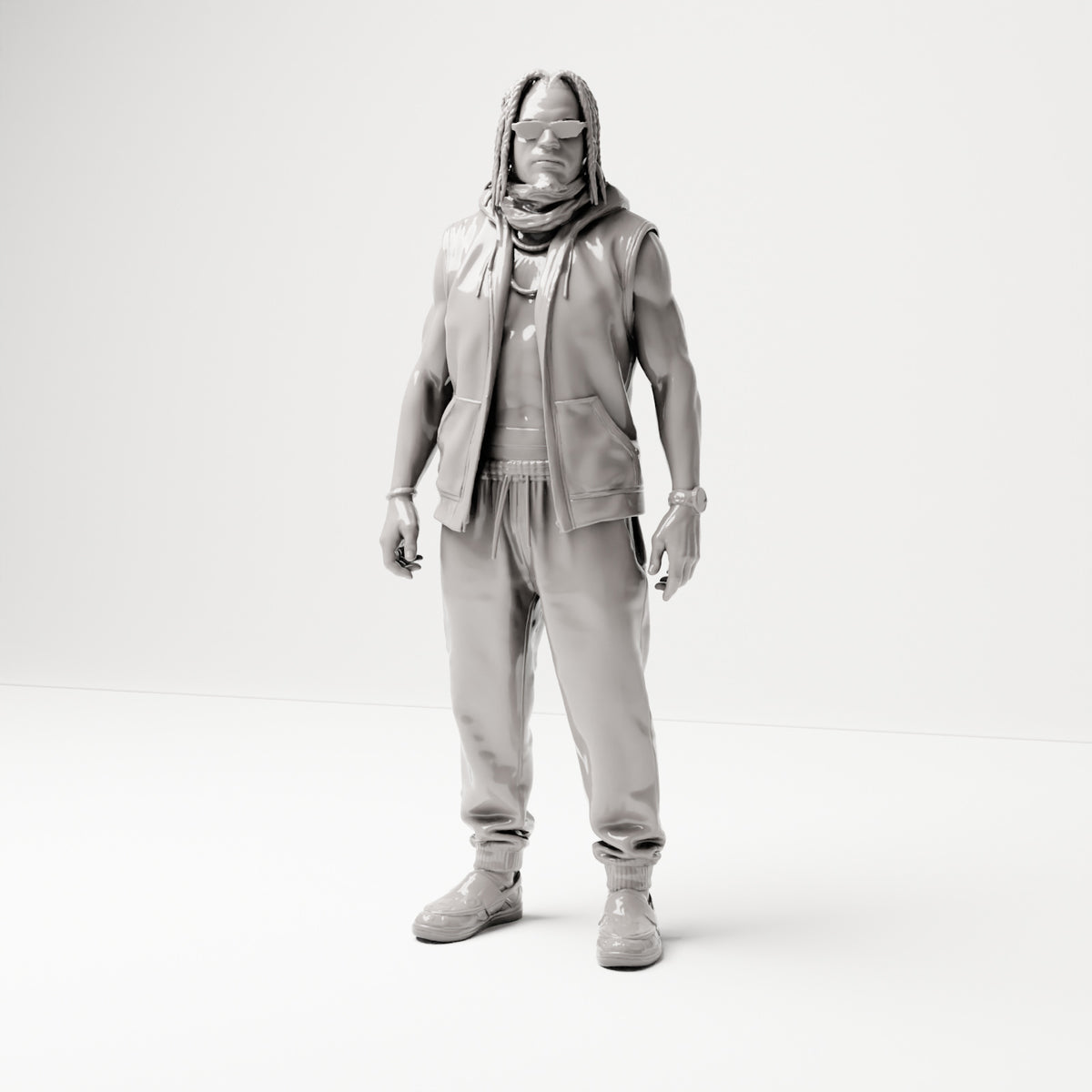Stehende Gangster-Figur: Mann mit Zöpfen, Sonnenbrille & weiter Hose (B074) - Vorderansicht