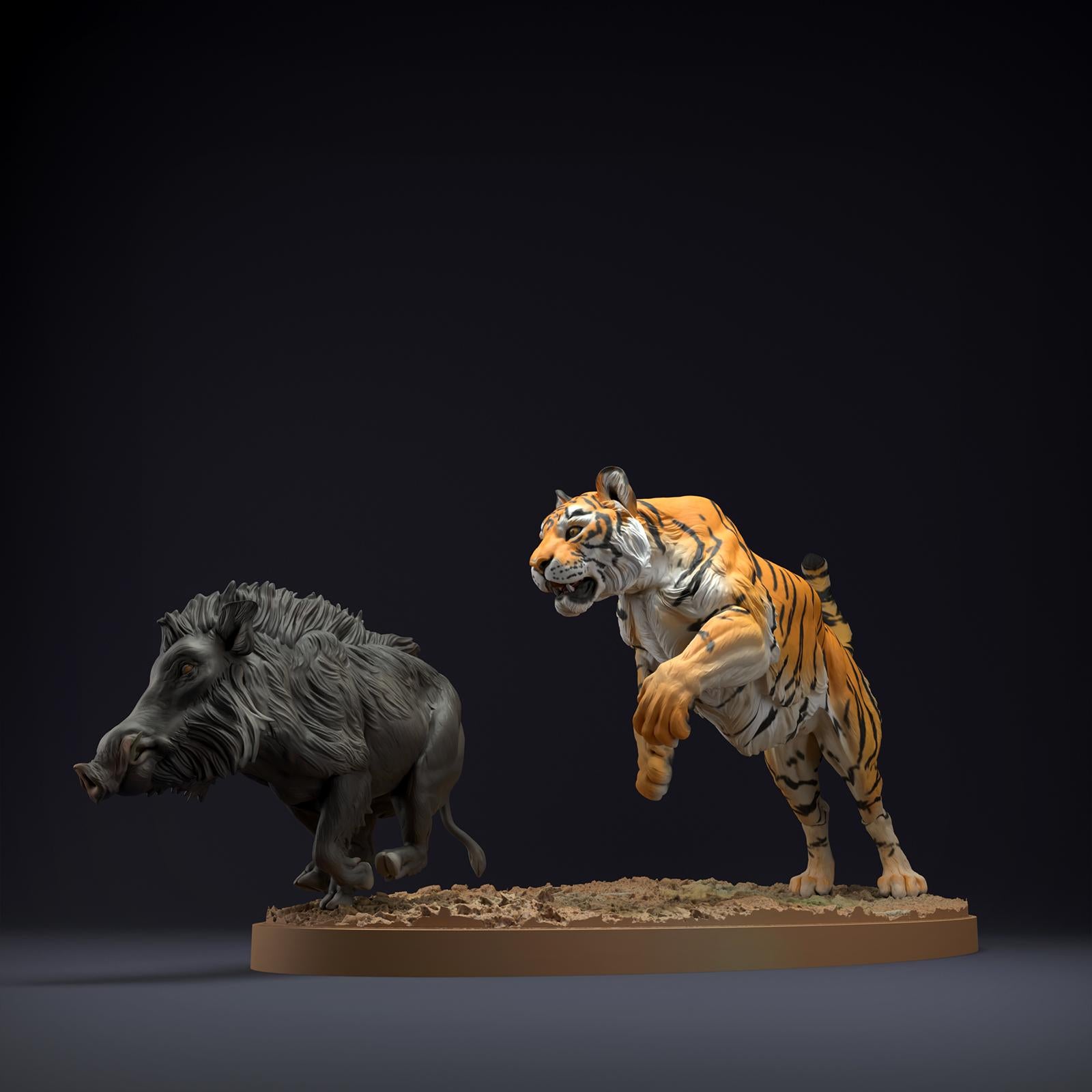 Photo du produit Figurine d'animal Diorama, Modélisme : 0 : Figurines d'animaux sauvages : Tigre du Bengale et Sanglier indien – Scène de chasse (Ref 01_01_81)