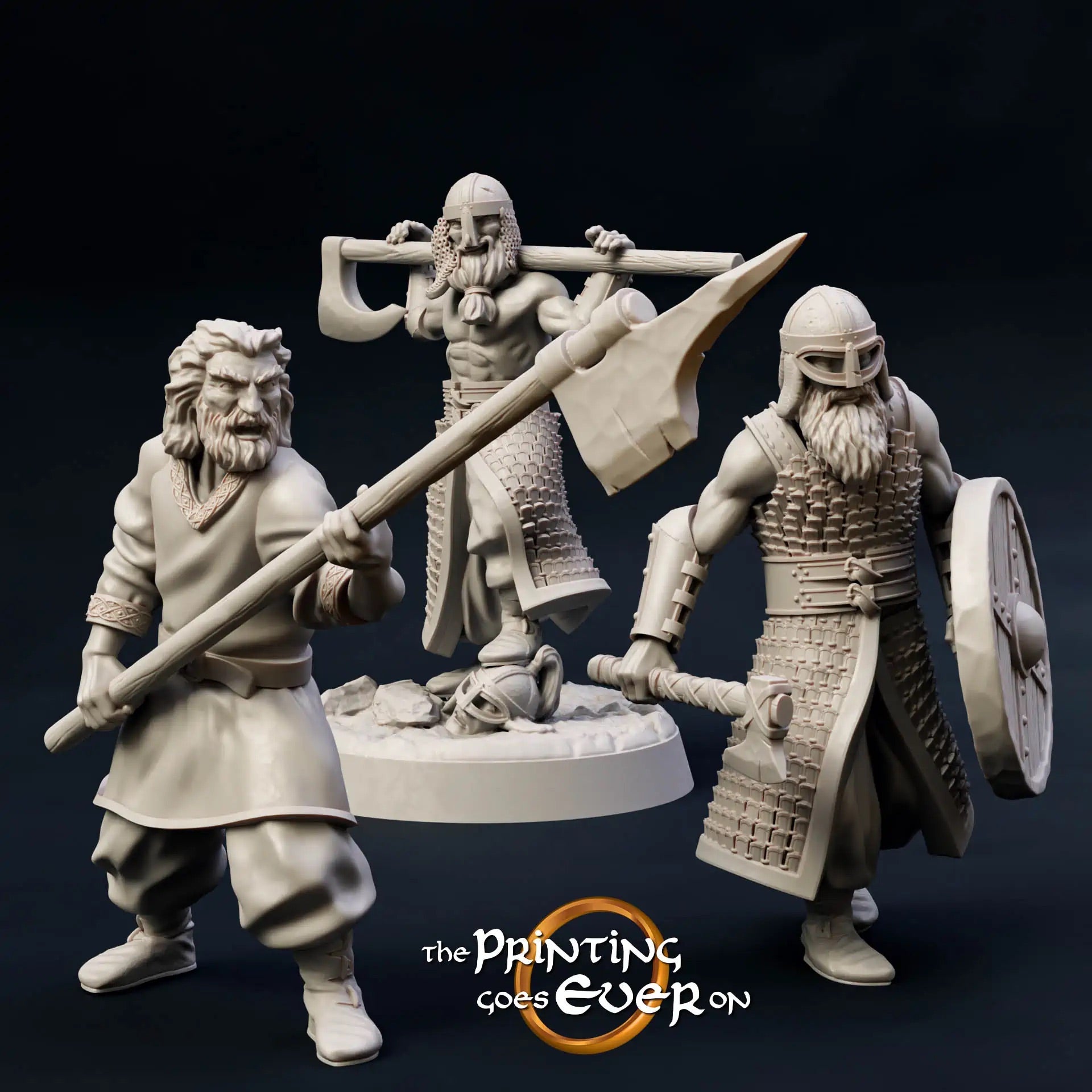 Photo de produit Tabletop 28mm The Printing Goes Ever On (TPGEO) 0 : Sauvageons armés : Équipe de guerriers avec hache, lance et bouclier - Pillards