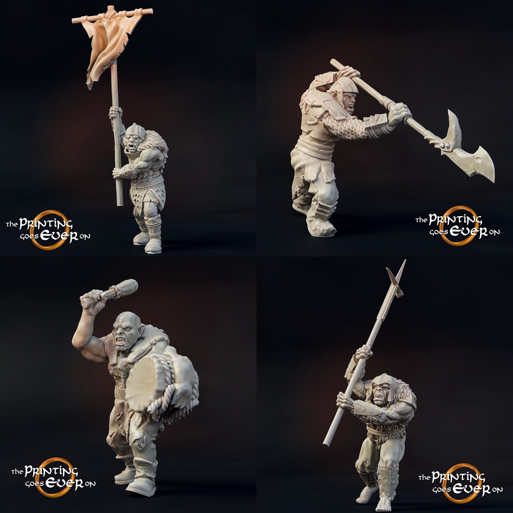 Photo de produit Tabletop 28mm The Printing Goes Ever On (TPGEO) 0 : Commandos Orks : Équipe de combat/ Équipe de pied du Mal - Bannière, tambour et lance
