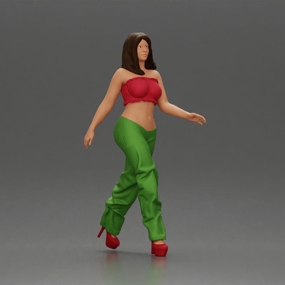 Diorama modélisme photo produit 0 : Figurine diorama : Miniature figurine femme en posture de marche, vert-rouge, top court, pantalon large, escarpins (Ref Nr. A141)