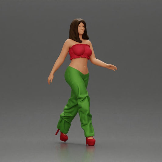 Diorama modélisme photo produit 0 : Figurine diorama : Miniature figurine femme en posture de marche, vert-rouge, top court, pantalon large, escarpins (Ref Nr. A141)