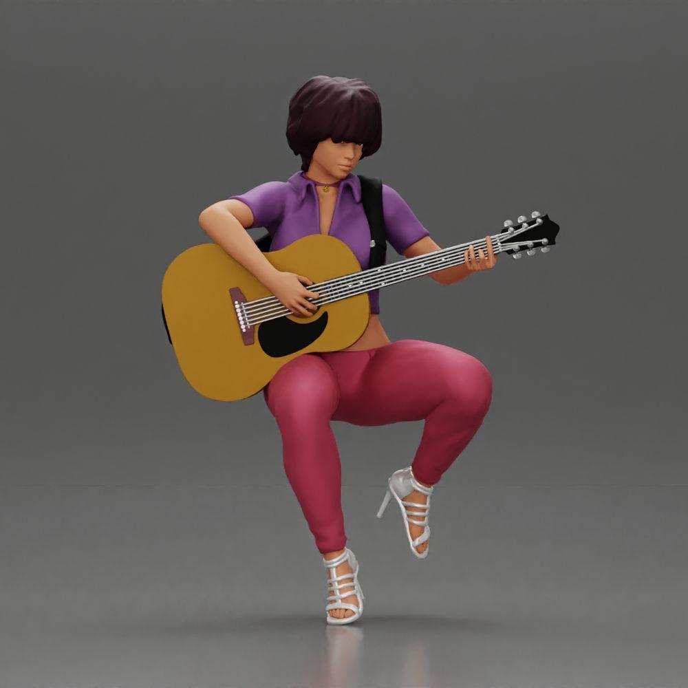 Diorama modélisme photo produit 0 : Miniature : Femme à cheveux courts jouant de la guitare acoustique, collier, sandales à lanières (Ref Nr. A128)