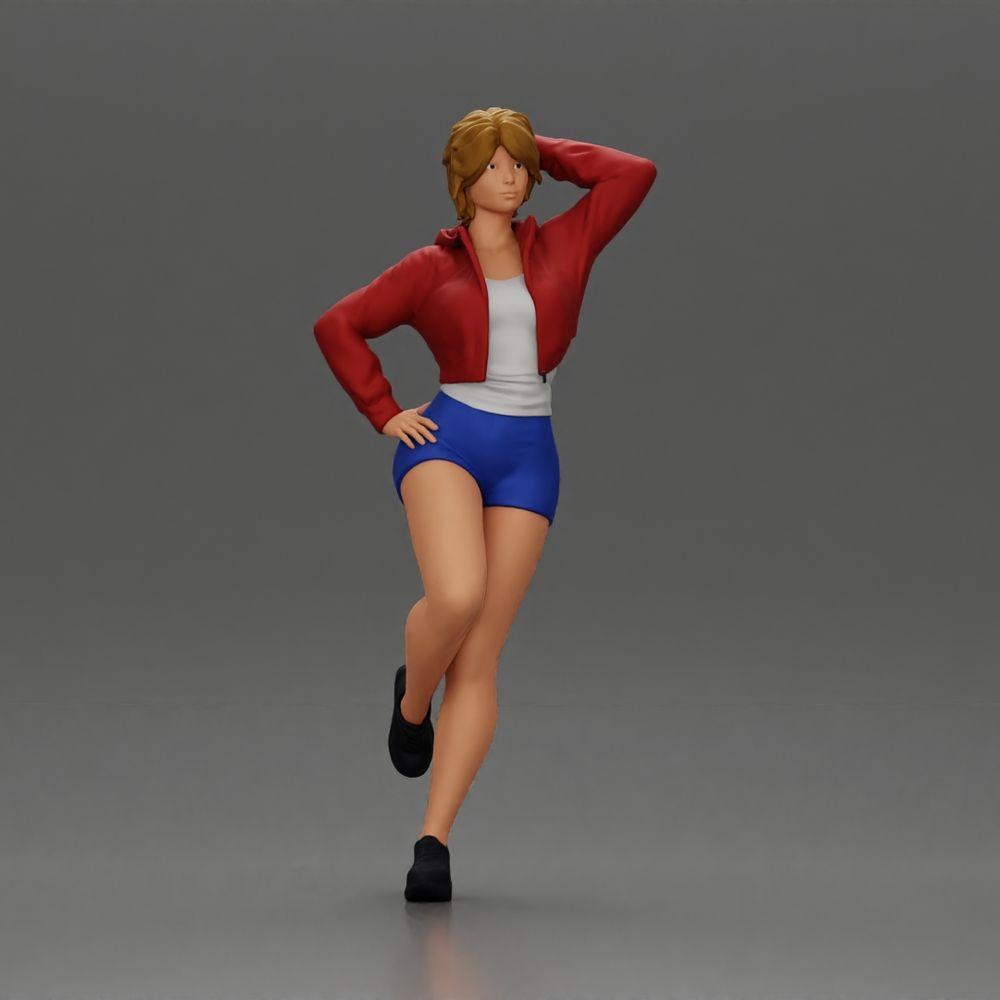 Diorama Modélisme Photo de produit 0 : Miniature féminine avec cheveux courts, veste et shorts, adossée à une voiture (Ref Nr. A67)