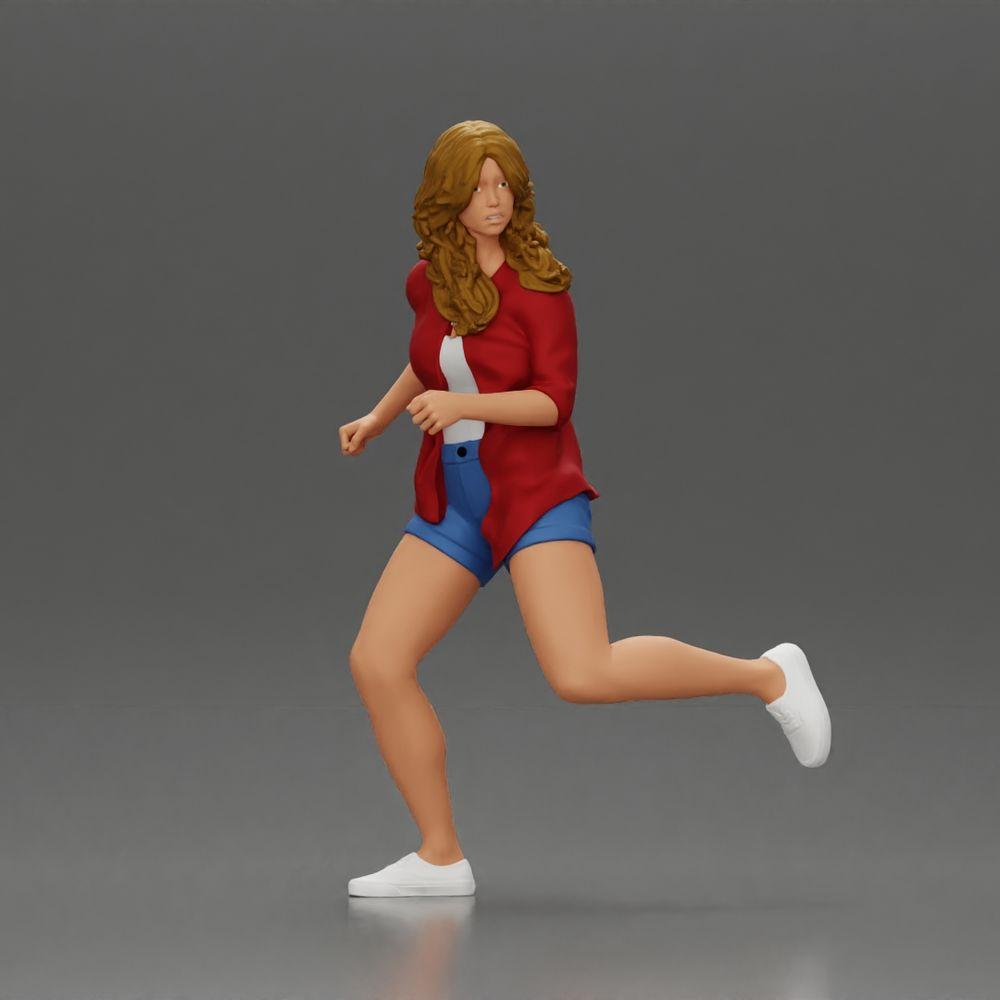 Diorama modélisme photo produit 0 : Figurine diorama : Jeune femme en train de courir avec une chemise ouverte et un short, déterminée (Ref Nr. A102)